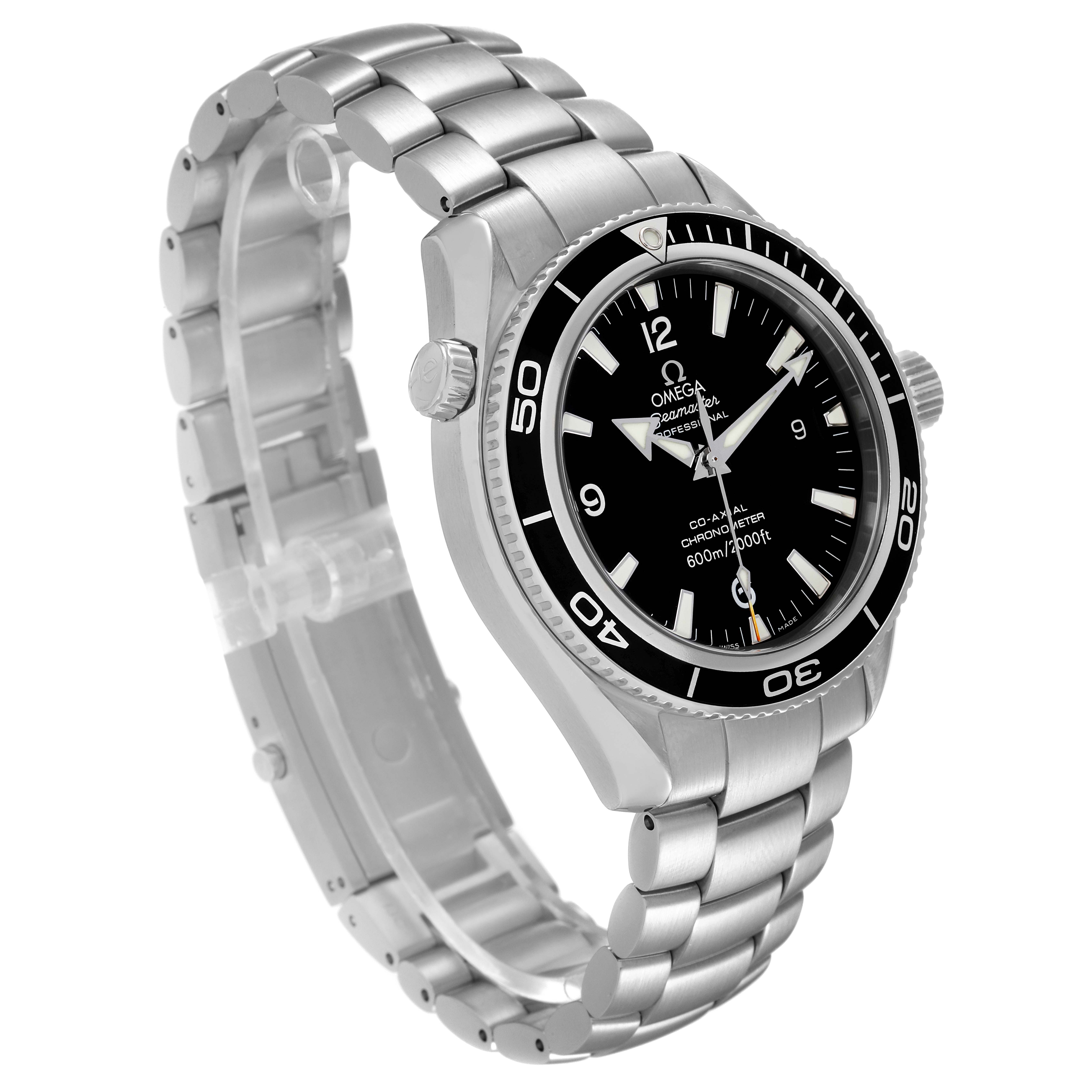 This image shows the Omega Planet Ocean 2201.50.00 Men
s Stainless Steel Black Dial 2201.50.00 Men
s Stainless Steel Black Dial watch at a three-quarter angle, displaying the face, bezel, case, and bracelet.