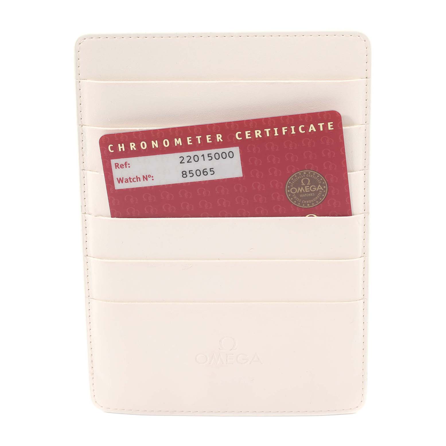 This image shows the chronometer certificate of the Omega Planet Ocean 2201.50.00 Men
s Stainless Steel Black Dial 2201.50.00 Men
s Stainless Steel Black Dial watch, partially inserted in a white Omega-branded holder.