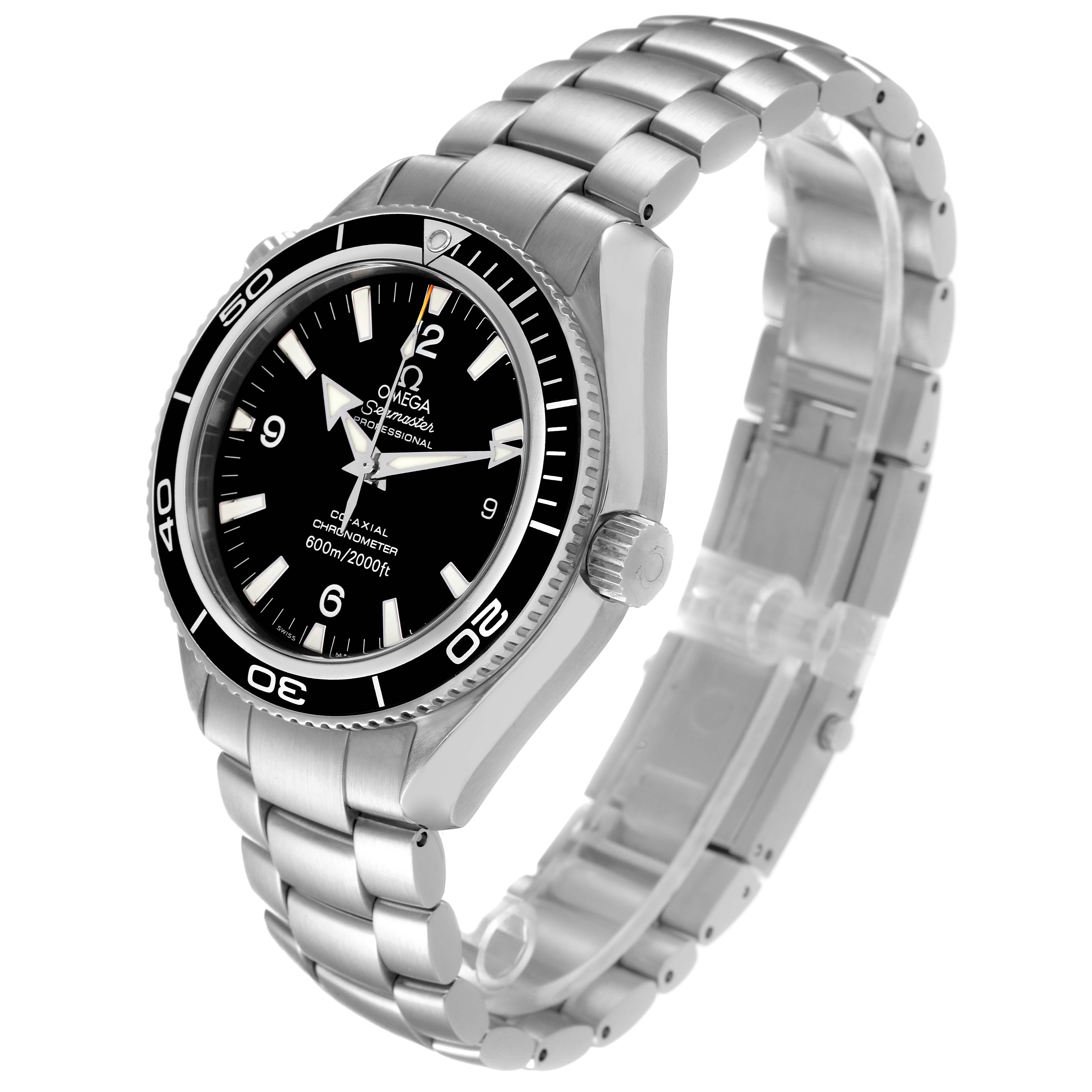 This image shows an Omega Planet Ocean 2201.50.00 Men
s Stainless Steel Black Dial 2201.50.00 Men
s Stainless Steel Black Dial watch angled from the front-left, highlighting its stainless steel bracelet and black dial.