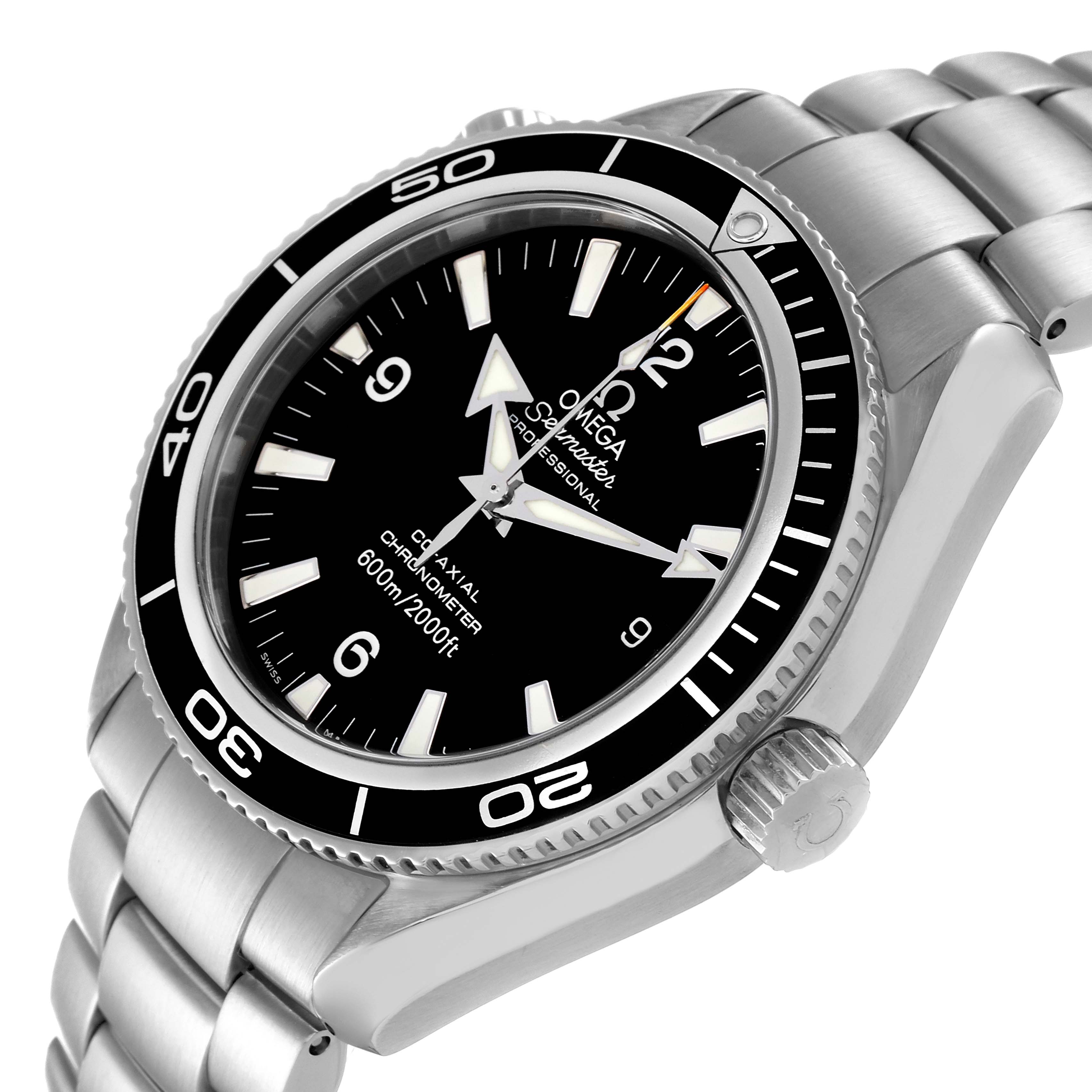 The image shows an Omega Planet Ocean 2201.50.00 Men
s Stainless Steel Black Dial 2201.50.00 Men
s Stainless Steel Black Dial watch at a slight angle displaying its dial, bezel, crown, and stainless steel bracelet.