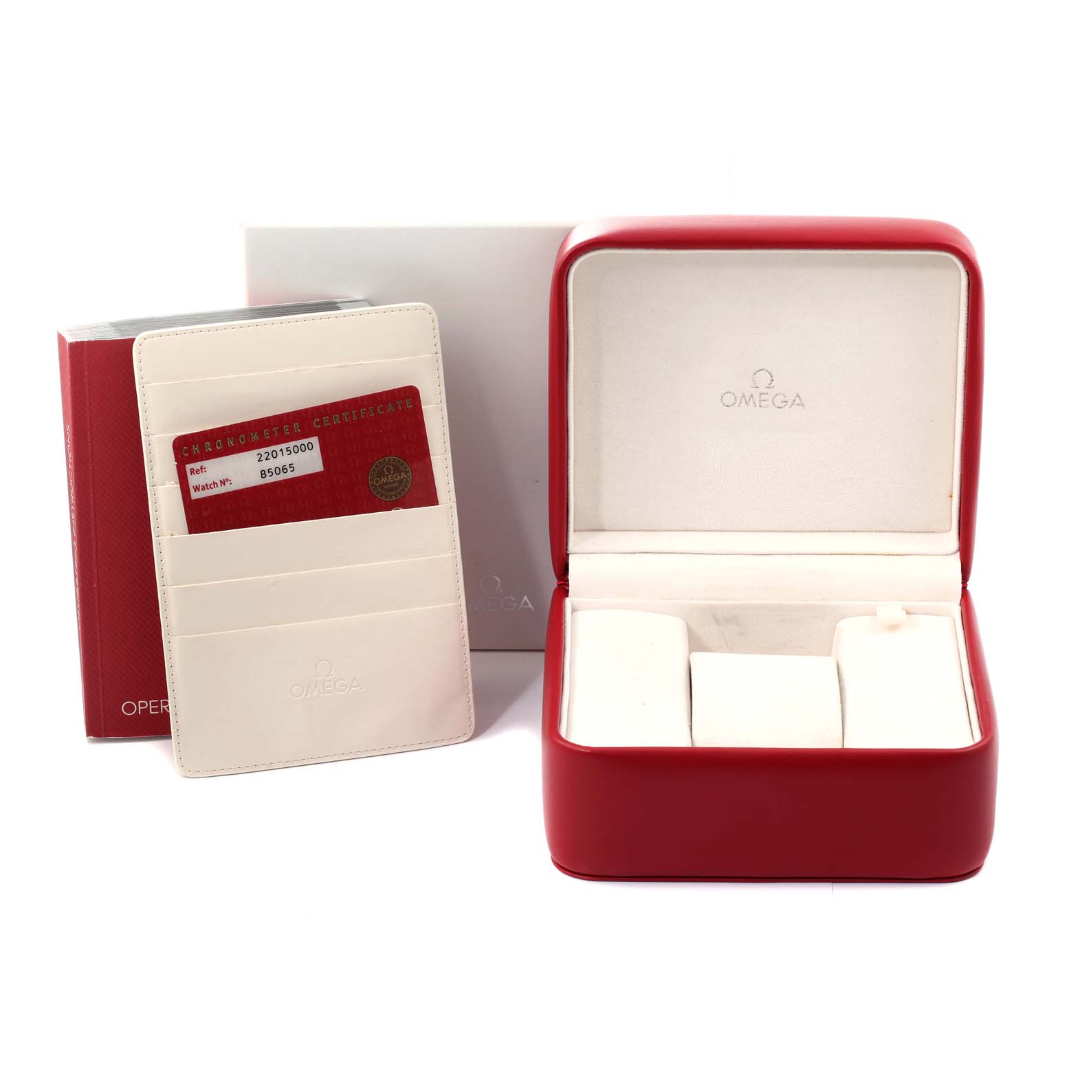 This image shows the packaging and accessories for an Omega Planet Ocean 2201.50.00 Men
s Stainless Steel Black Dial 2201.50.00 Men
s Stainless Steel Black Dial watch, including a red case, certificate holder, and outer box.