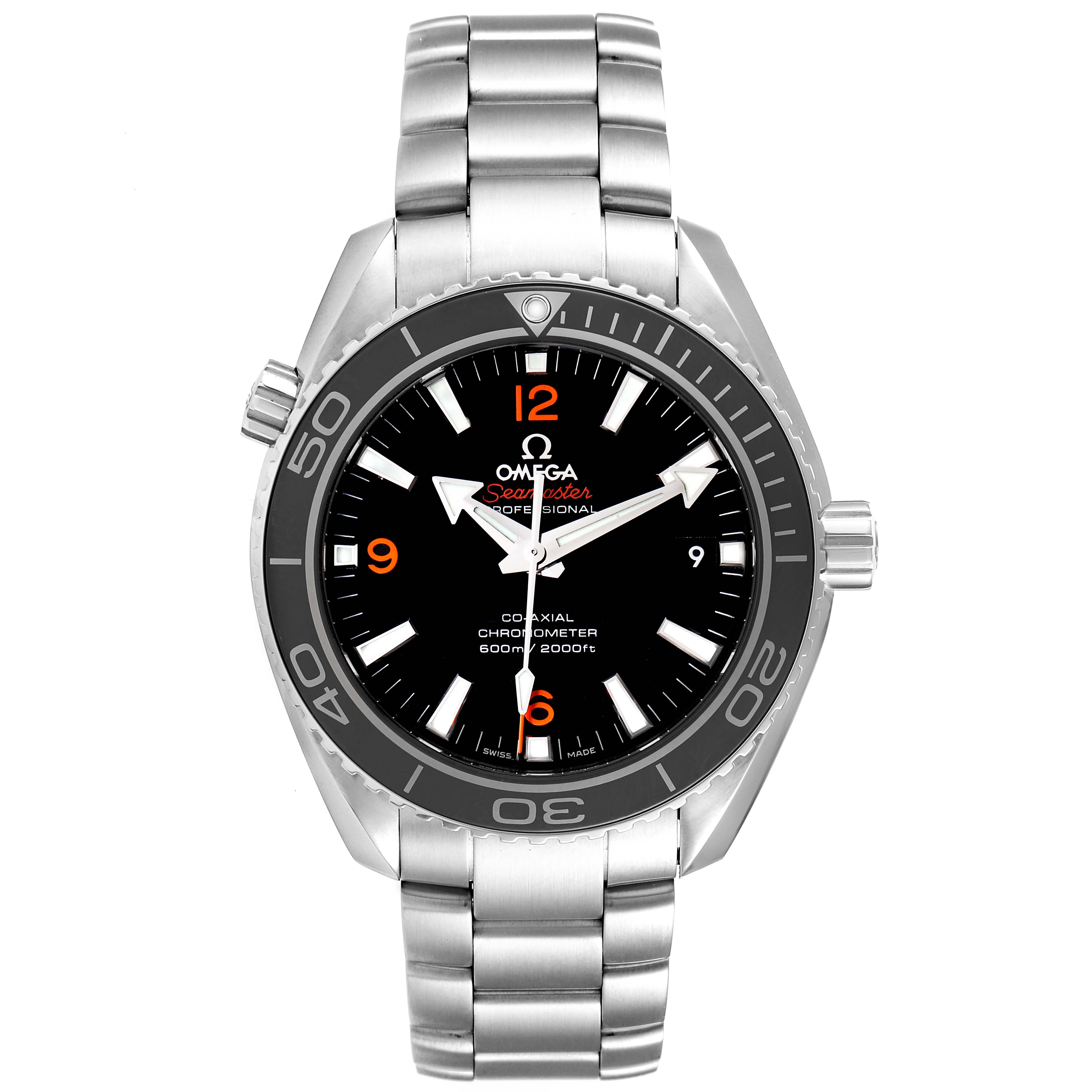 This image shows a front-facing view of the Omega Planet Ocean 232.30.42.21.01.003 Men's Stainless Steel Black Dial 232.30.42.21.01.003 Men's Stainless Steel Black Dial model, displaying the watch face, bezel, and stainless steel bracelet.