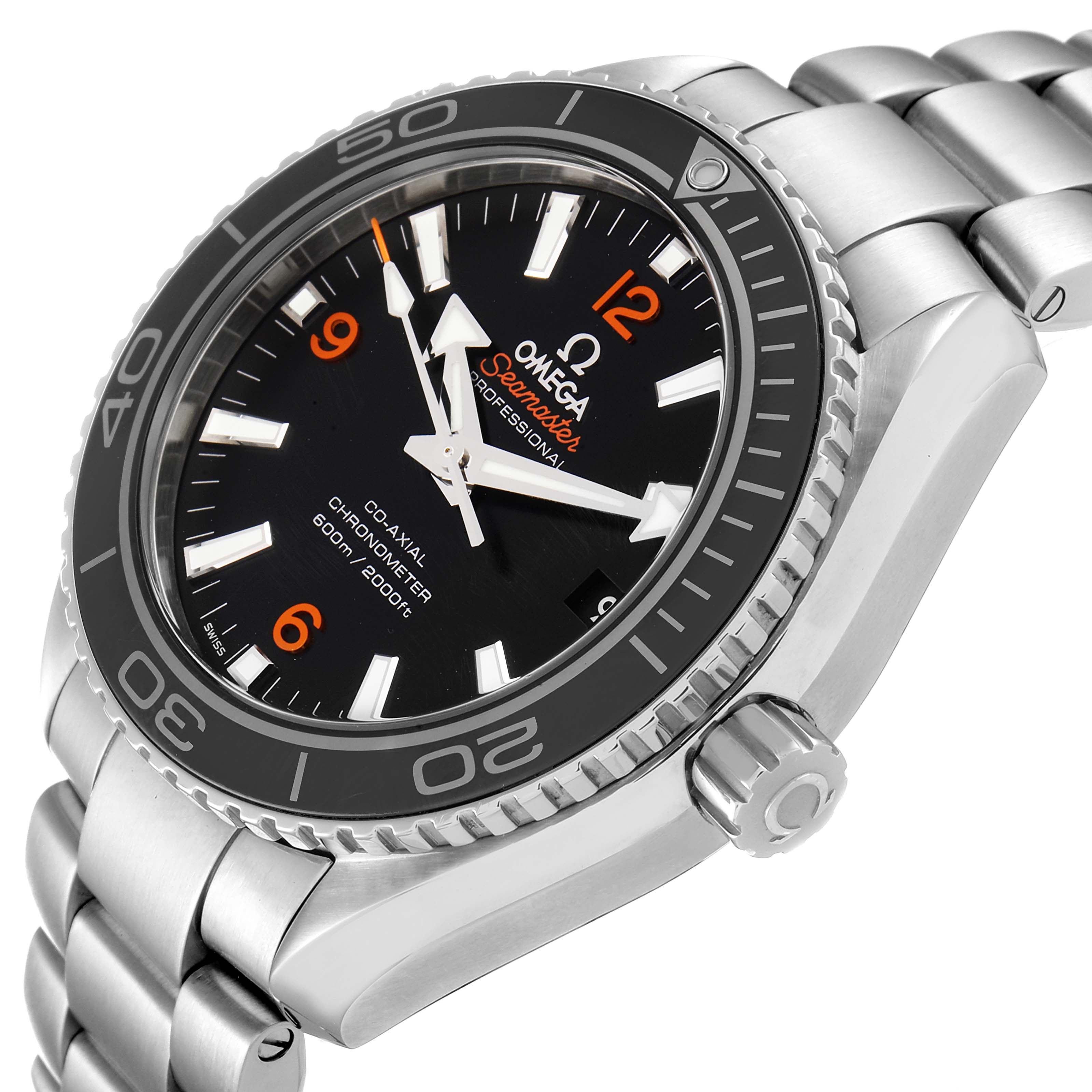 This image shows a side-angle view of the Omega Planet Ocean 232.30.42.21.01.003 Men's Stainless Steel Black Dial 232.30.42.21.01.003 Men's Stainless Steel Black Dial watch, highlighting the face, bezel, crown, and stainless steel bracelet.