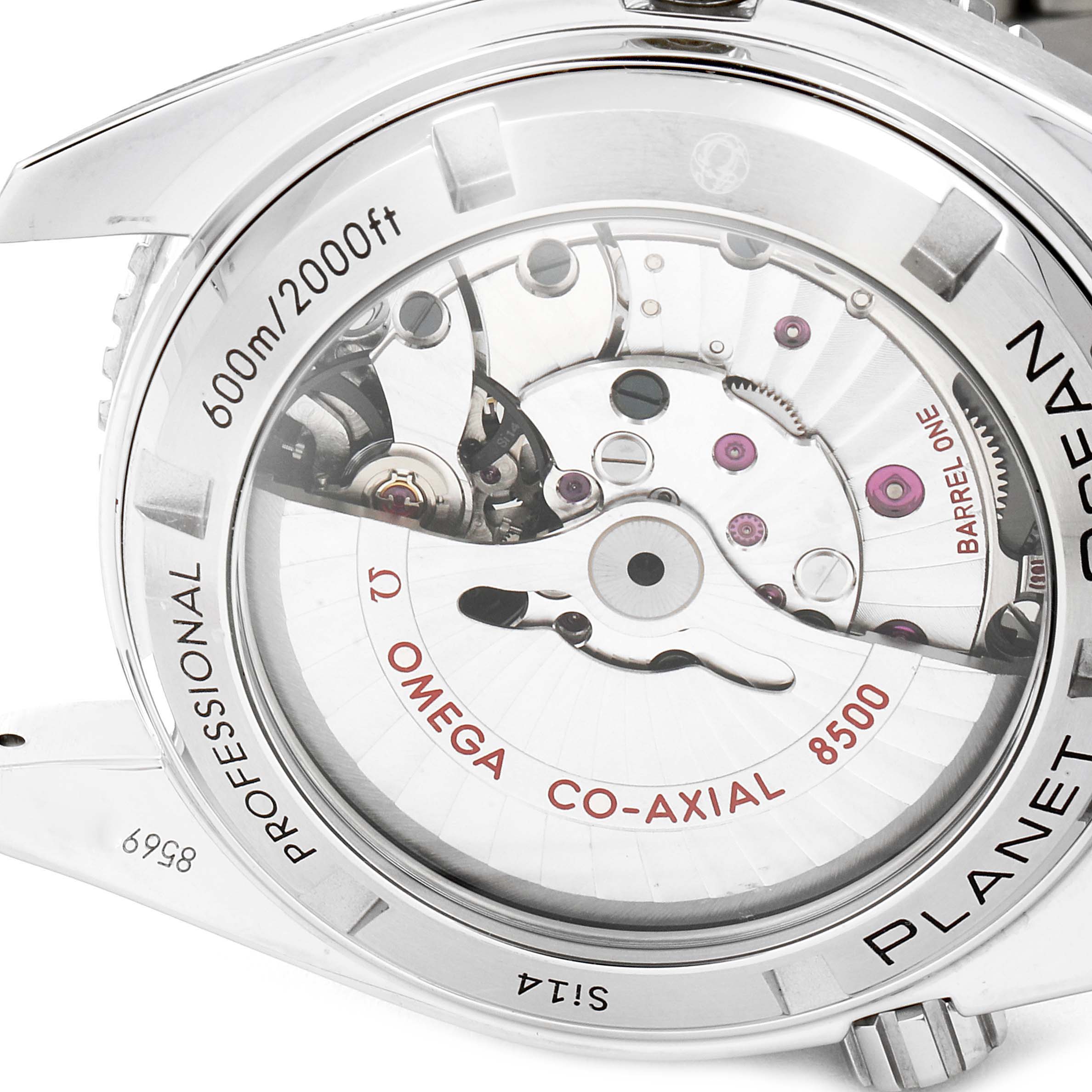 This image shows the detailed, transparent case back of an Omega Planet Ocean 232.30.42.21.01.003 Men's Stainless Steel Black Dial 232.30.42.21.01.003 Men's Stainless Steel Black Dial watch, revealing its 8500 co-axial movement.