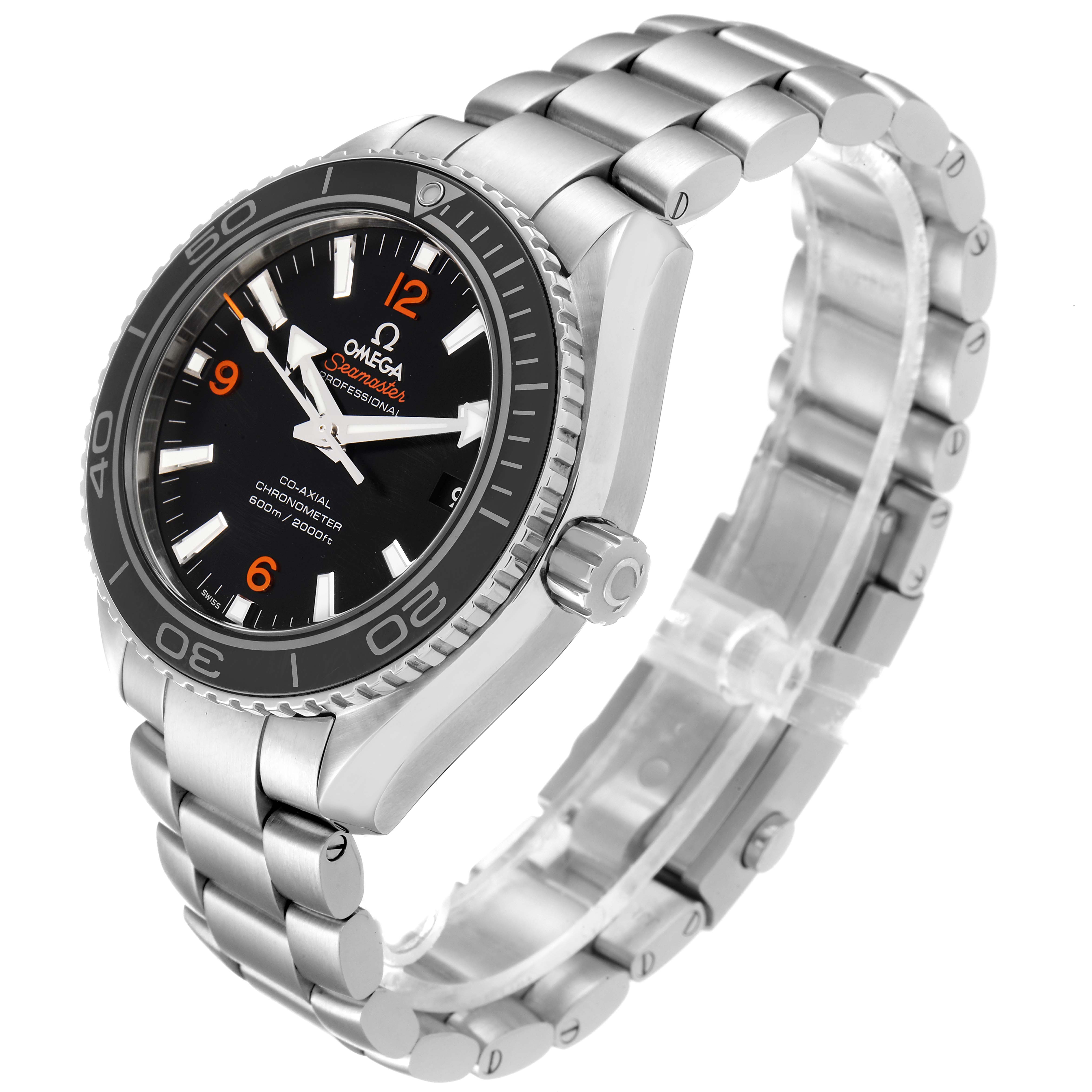 The image shows a side angle of the Omega Planet Ocean 232.30.42.21.01.003 Men's Stainless Steel Black Dial 232.30.42.21.01.003 Men's Stainless Steel Black Dial watch, highlighting the face, bezel, crown, and metal bracelet.