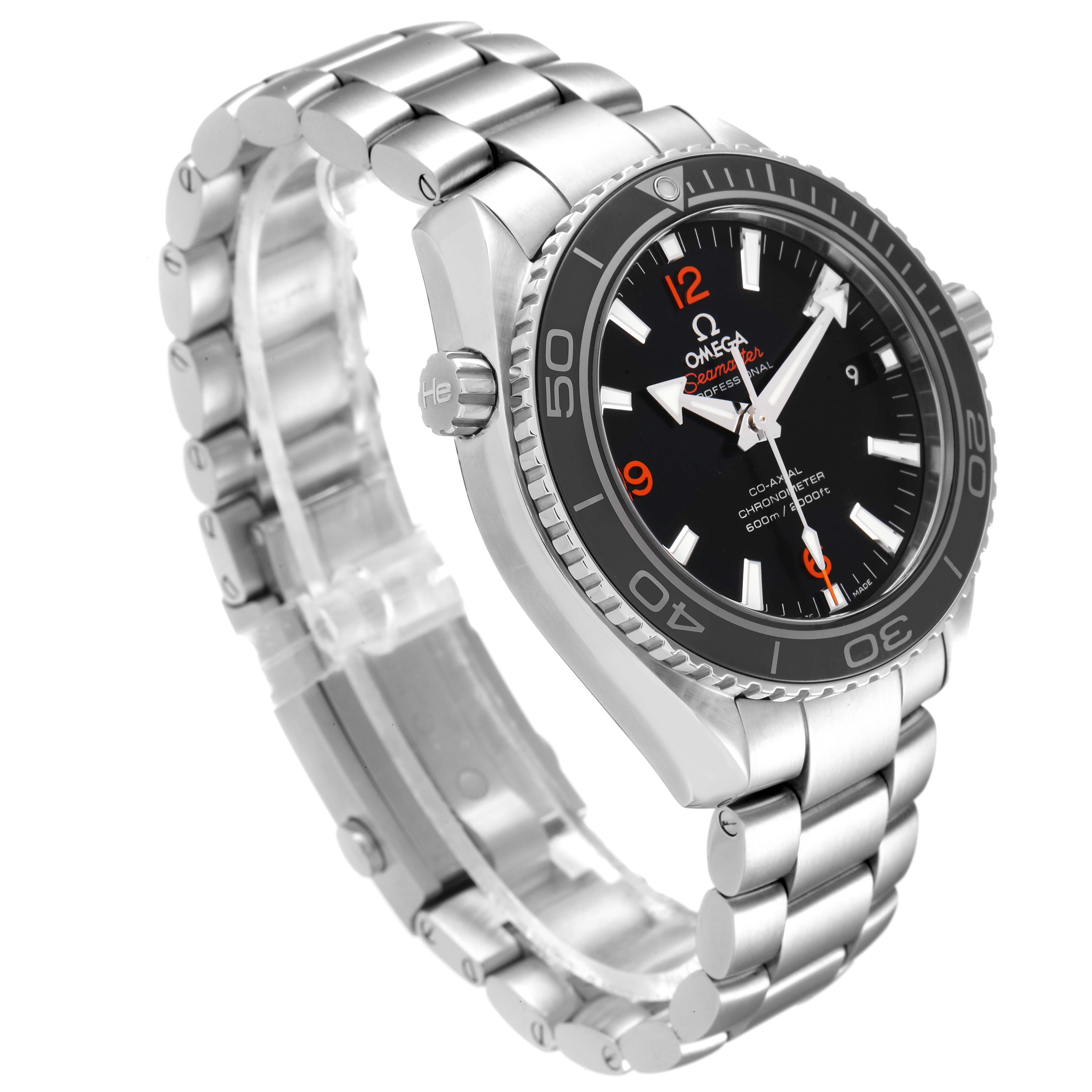 This Omega Planet Ocean 232.30.42.21.01.003 Men's Stainless Steel Black Dial 232.30.42.21.01.003 Men's Stainless Steel Black Dial model watch is shown at an angle highlighting the face, bezel, crown, and metal bracelet.