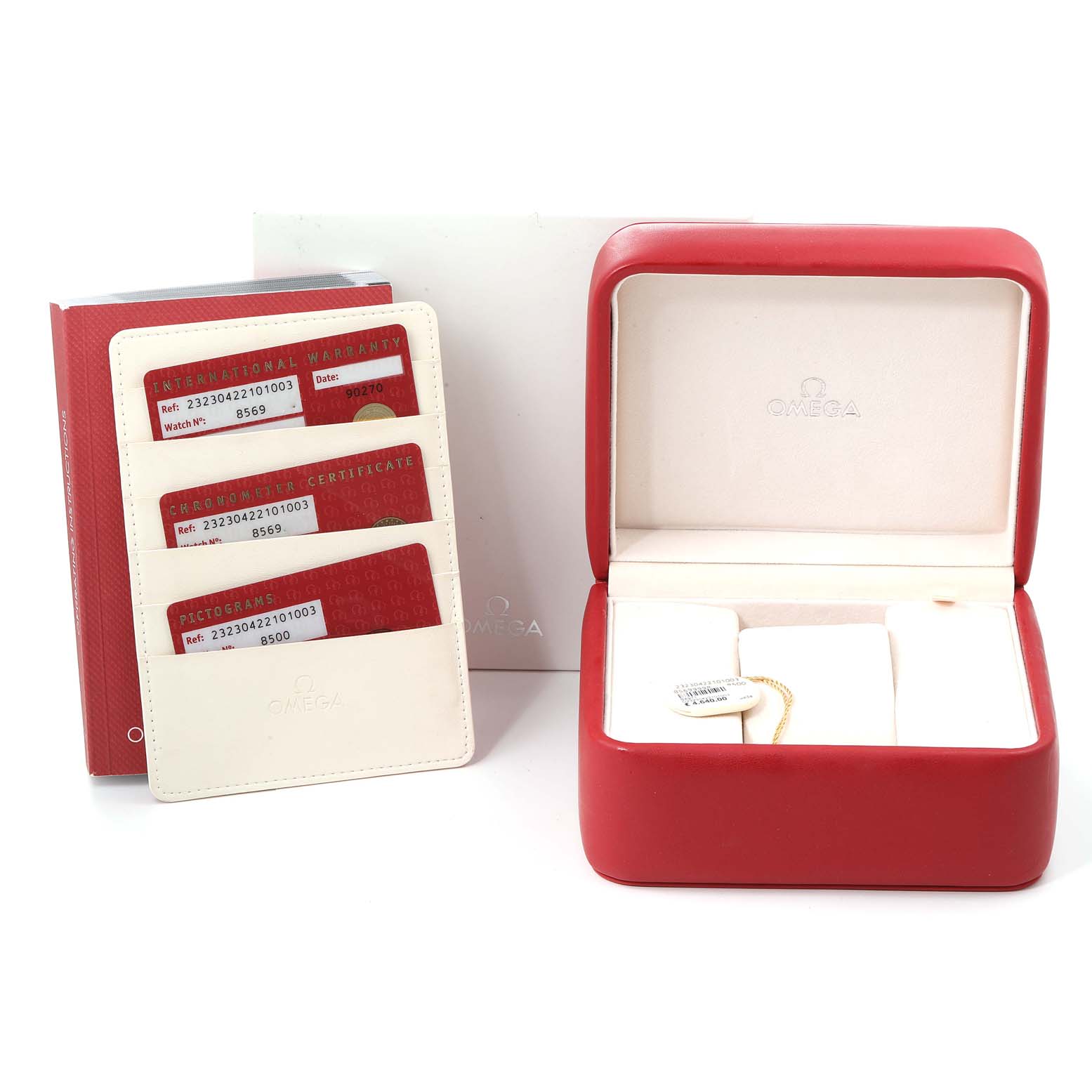 The image shows the packaging, cards, and labels for the Omega Planet Ocean 232.30.42.21.01.003 Men's Stainless Steel Black Dial 232.30.42.21.01.003 Men's Stainless Steel Black Dial model watch from a front angle.