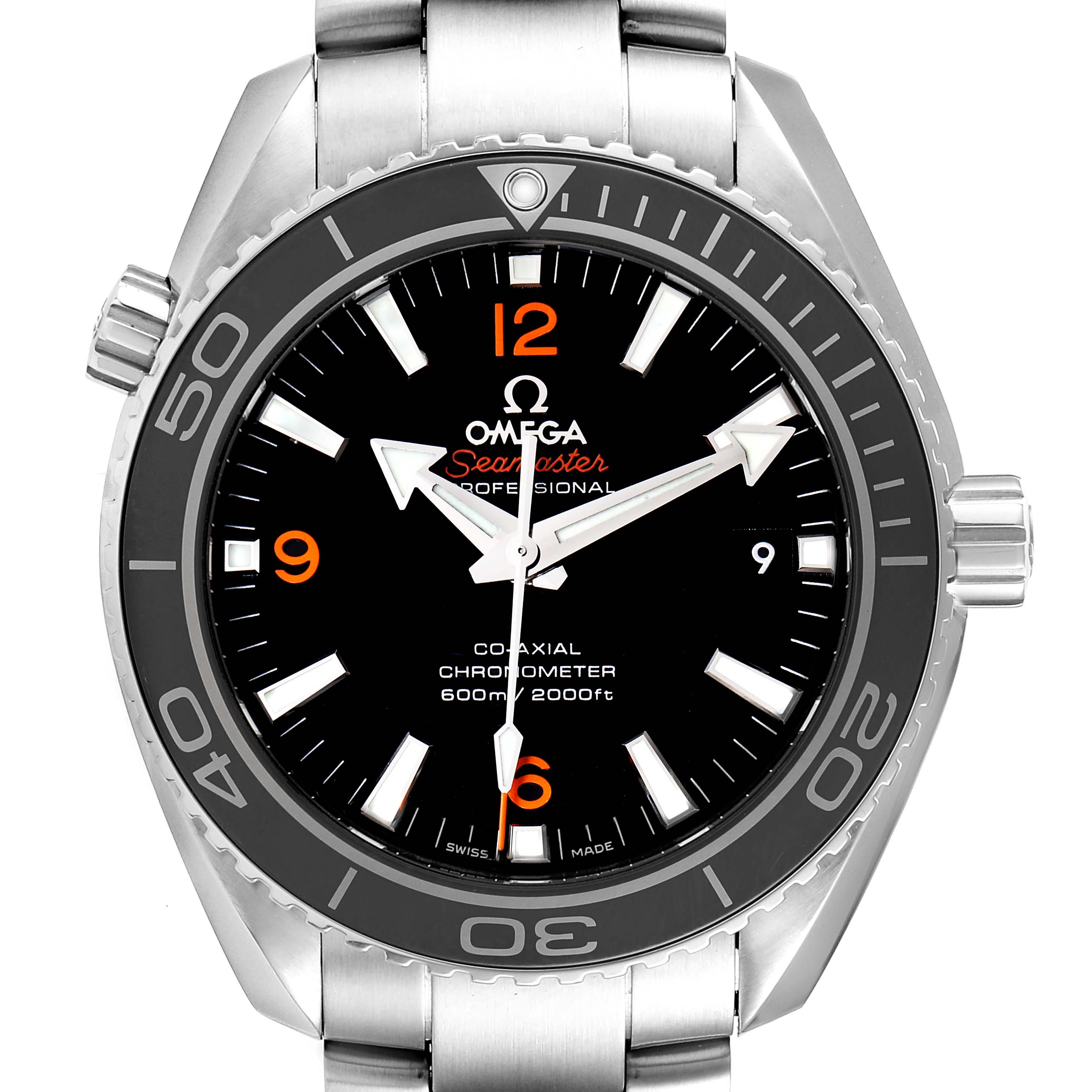 The image shows a front view of an Omega Planet Ocean 232.30.42.21.01.003 Men's Stainless Steel Black Dial 232.30.42.21.01.003 Men's Stainless Steel Black Dial watch, including the bezel, dial, and part of the bracelet.