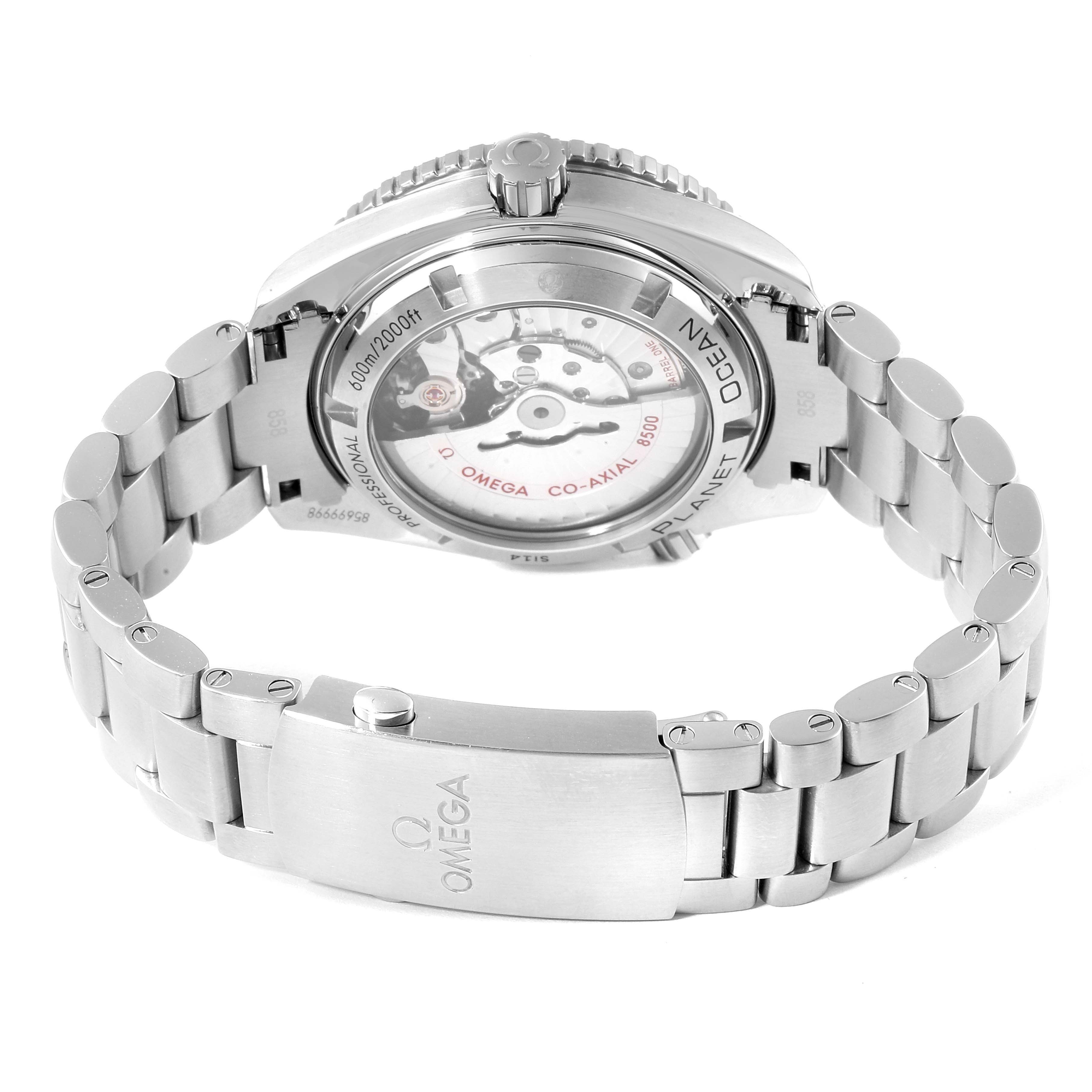 The image shows the back view of the Omega Planet Ocean 232.30.42.21.01.003 Men's Stainless Steel Black Dial 232.30.42.21.01.003 Men's Stainless Steel Black Dial watch, highlighting its open caseback and stainless steel bracelet.