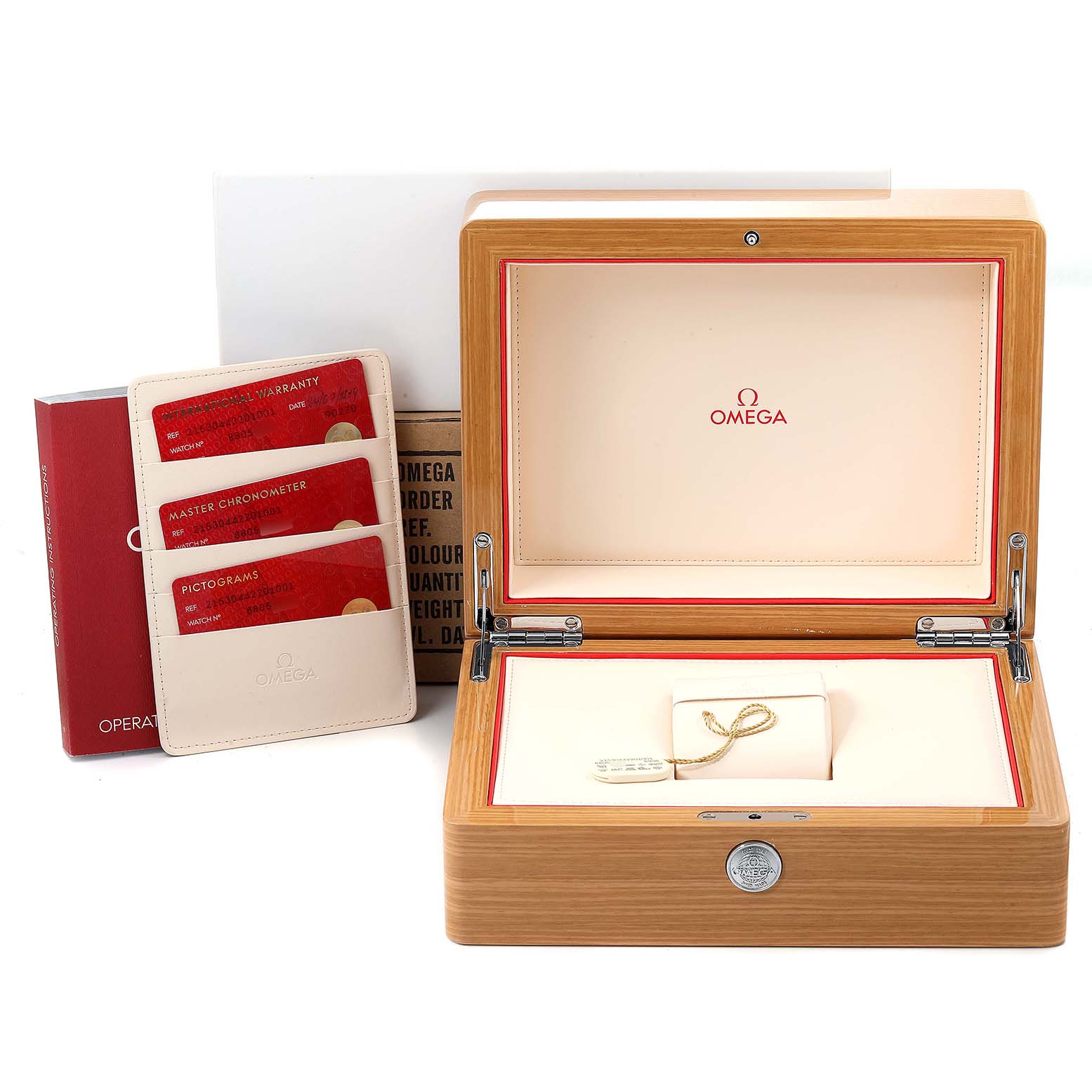 The image shows the packaging box, warranty cards, and certificate for the Omega Planet Ocean 215.30.44.22.01.001 Men's Stainless Steel Black Dial 215.30.44.22.01.001 Men's Stainless Steel Black Dial model.