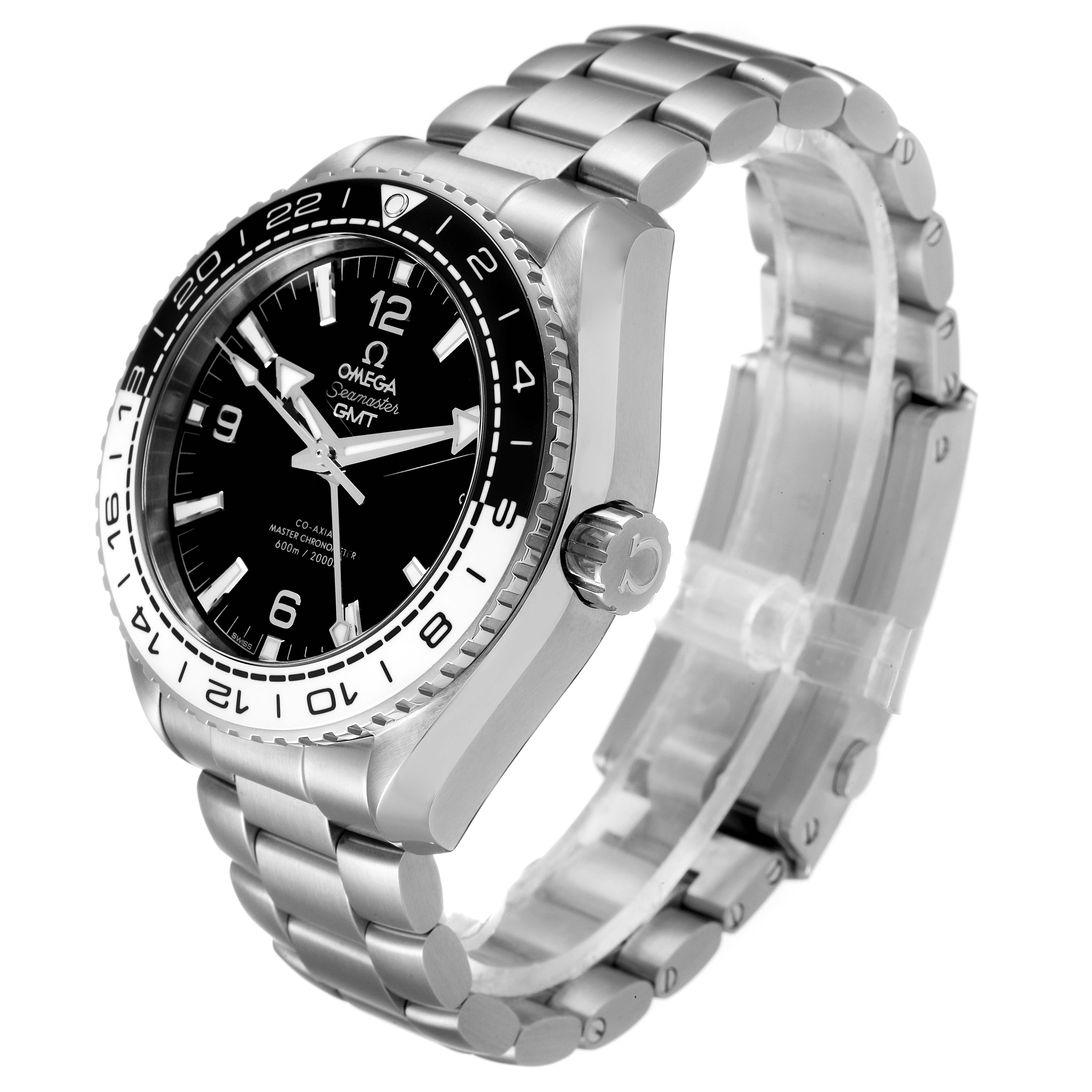 The image shows an Omega Planet Ocean 215.30.44.22.01.001 Men's Stainless Steel Black Dial 215.30.44.22.01.001 Men's Stainless Steel Black Dial GMT watch at a three-quarter angle, highlighting the crown, bezel, and stainless steel bracelet.