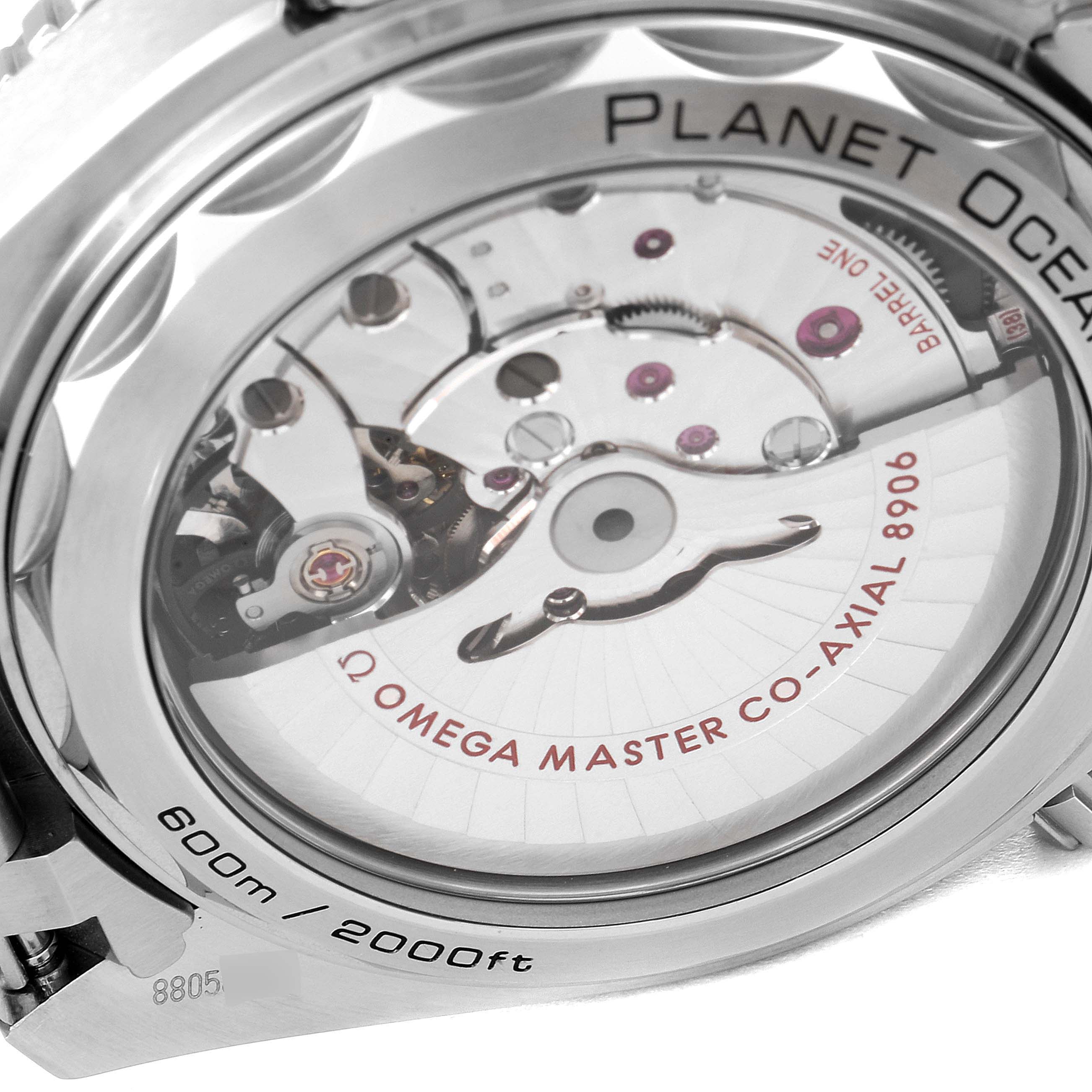 This image shows the back view of the Omega Planet Ocean 215.30.44.22.01.001 Men's Stainless Steel Black Dial 215.30.44.22.01.001 Men's Stainless Steel Black Dial watch, highlighting the movement and "Master Co-Axial 8906" mechanism.