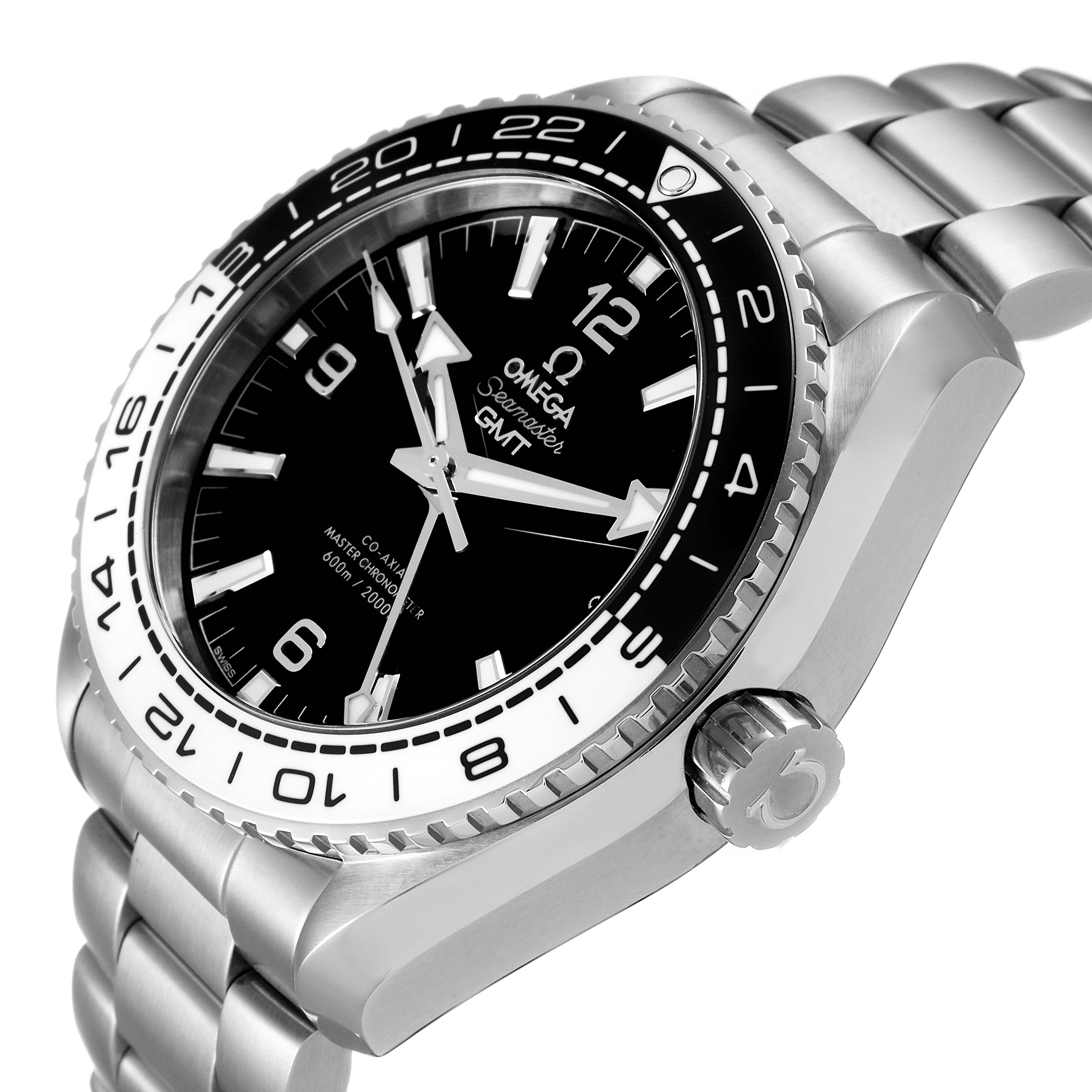 The image shows a side-angle view of the Omega Planet Ocean 215.30.44.22.01.001 Men's Stainless Steel Black Dial 215.30.44.22.01.001 Men's Stainless Steel Black Dial GMT watch, highlighting its crown, bezel, dial, and bracelet.