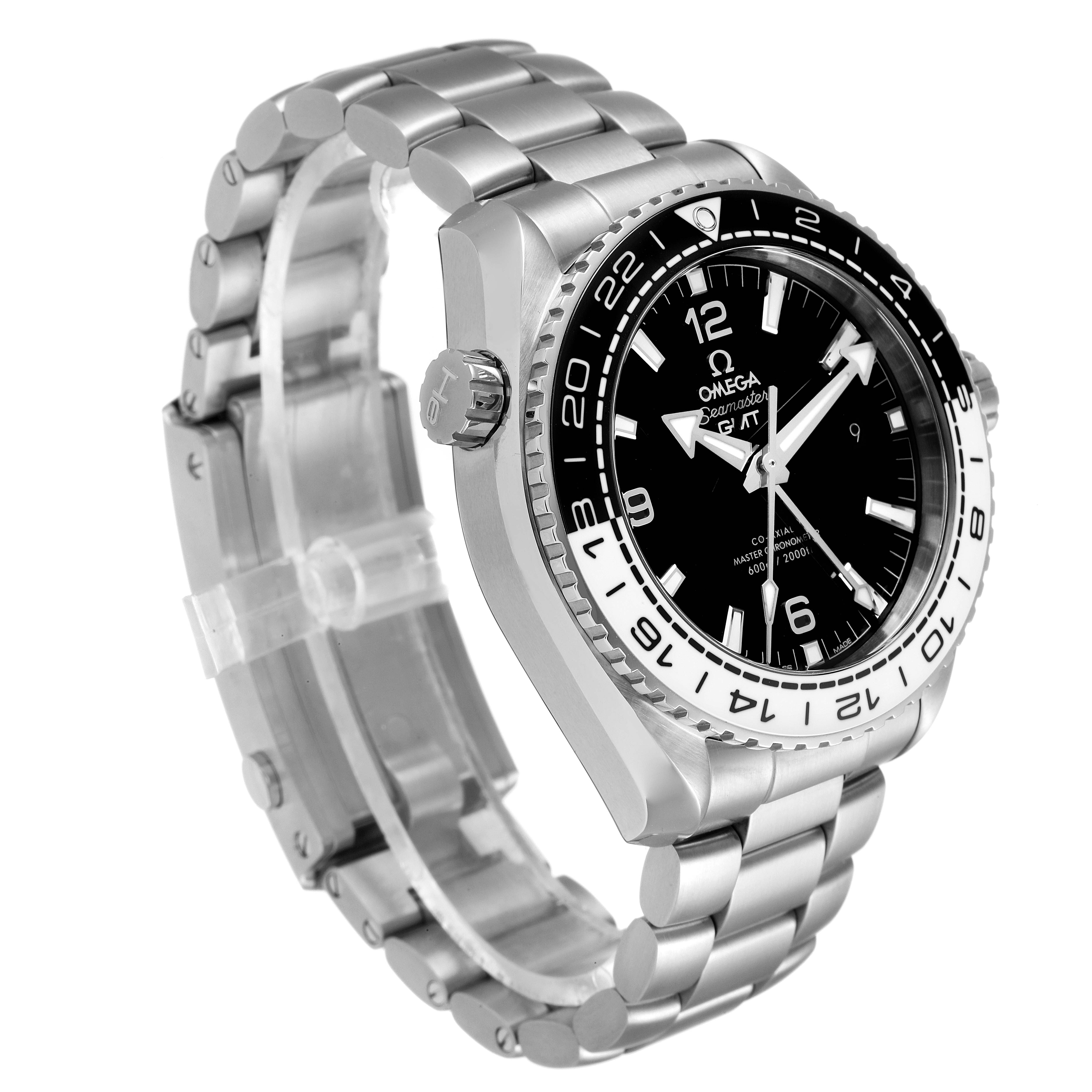 The image shows a side-angle view of the Omega Planet Ocean 215.30.44.22.01.001 Men's Stainless Steel Black Dial 215.30.44.22.01.001 Men's Stainless Steel Black Dial watch, displaying its face, bezel, and metal bracelet.