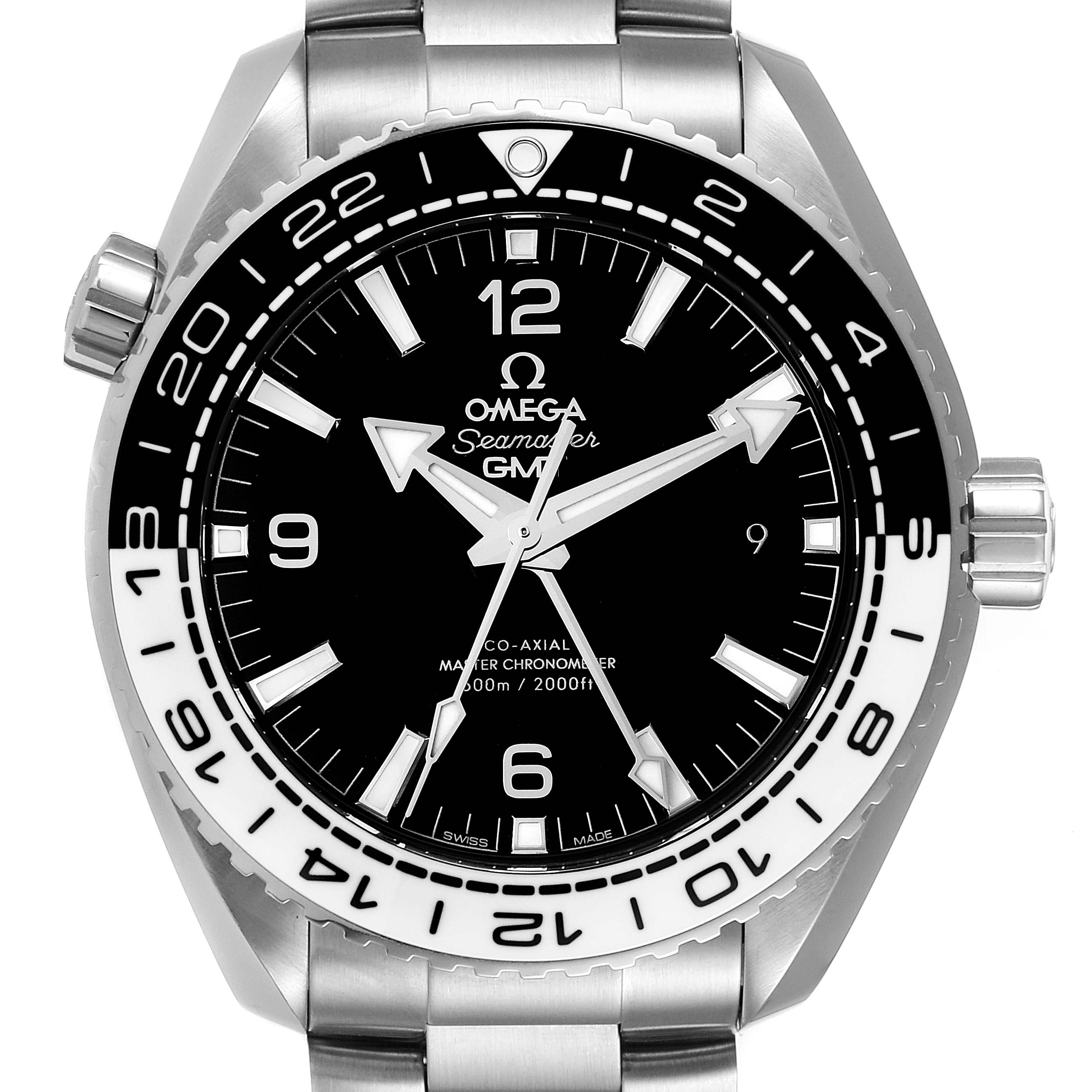 The image shows a front view of the Omega Planet Ocean 215.30.44.22.01.001 Men's Stainless Steel Black Dial 215.30.44.22.01.001 Men's Stainless Steel Black Dial model watch, displaying its dial, bezel, crown, and part of the bracelet.