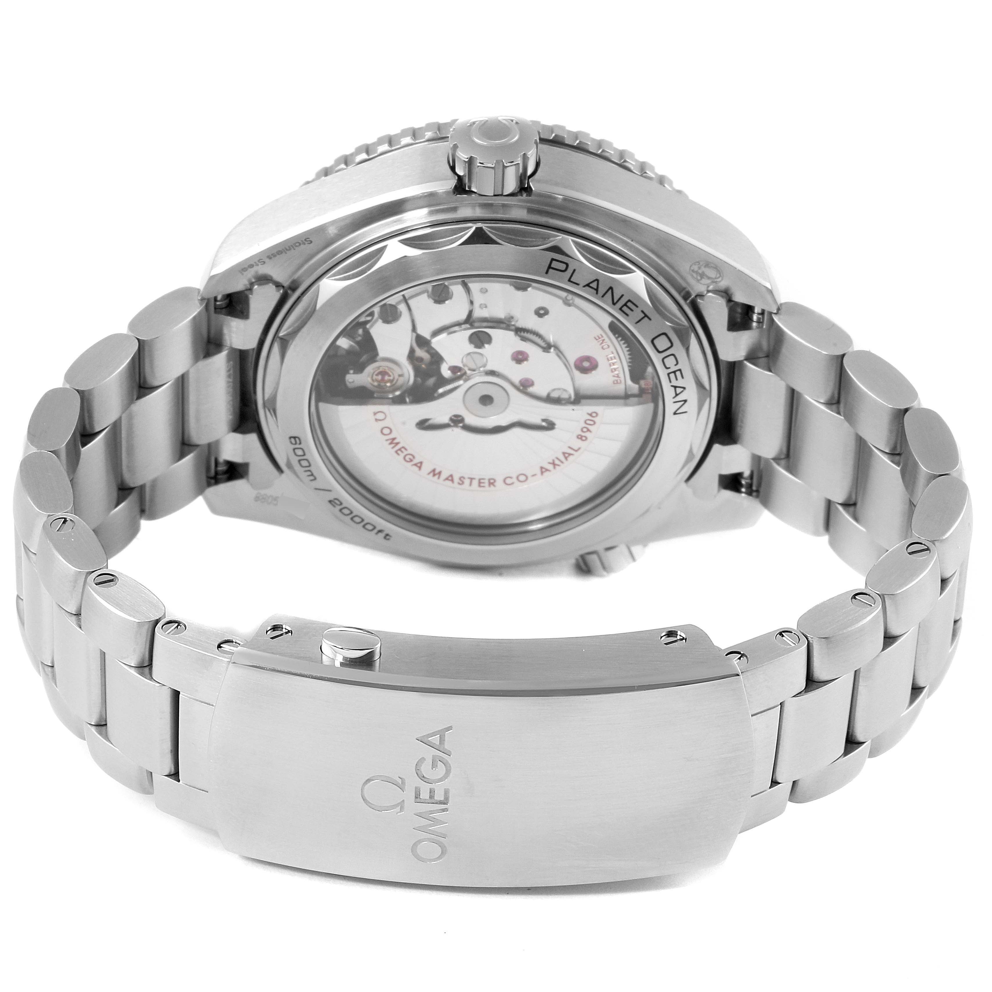 The image shows the back and clasp of the Omega Planet Ocean 215.30.44.22.01.001 Men's Stainless Steel Black Dial 215.30.44.22.01.001 Men's Stainless Steel Black Dial watch, highlighting the transparent case back and the Omega branding.