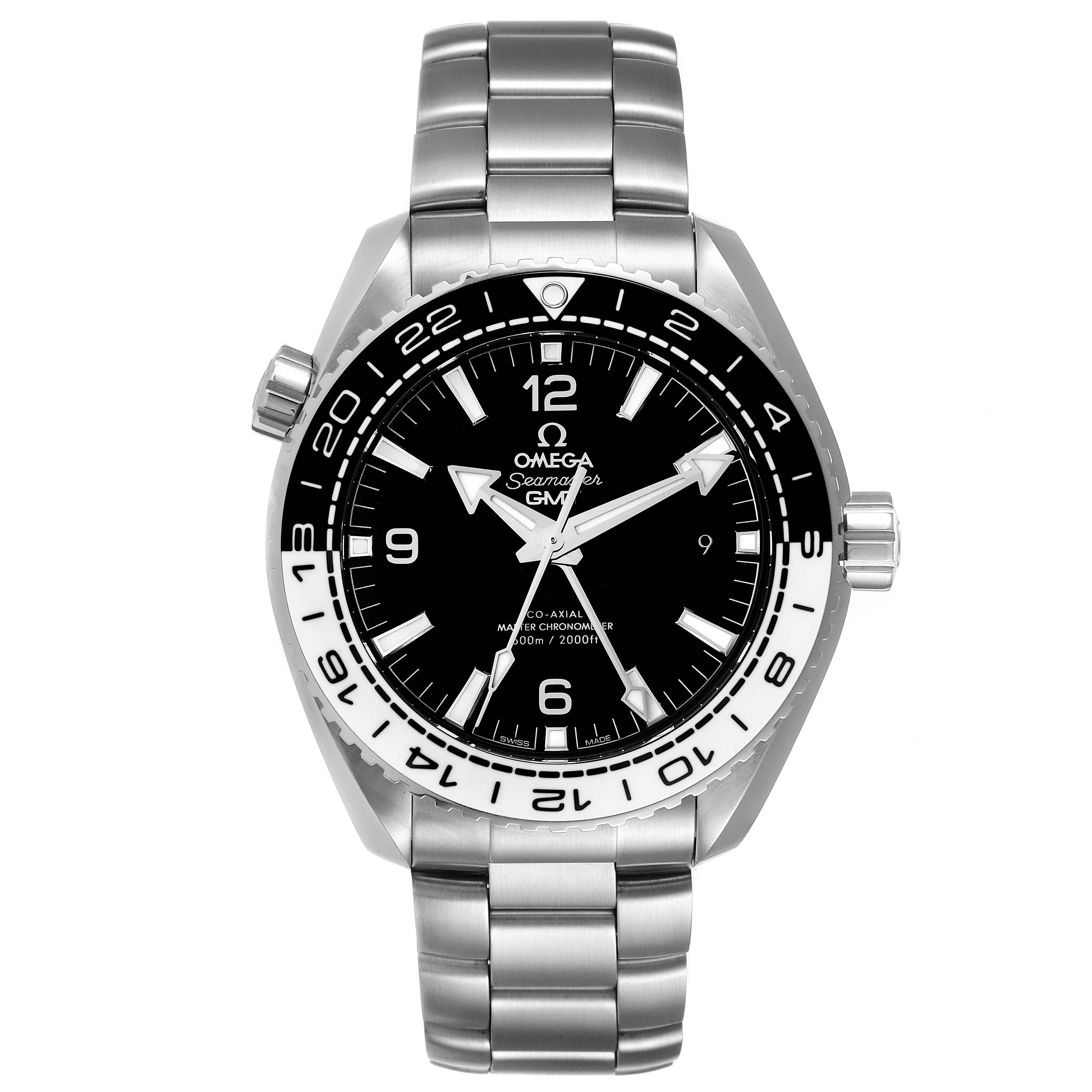 This image displays a front view of the Omega Planet Ocean 215.30.44.22.01.001 Men's Stainless Steel Black Dial 215.30.44.22.01.001 Men's Stainless Steel Black Dial watch, showing its face, bezel, crown, and metal bracelet.