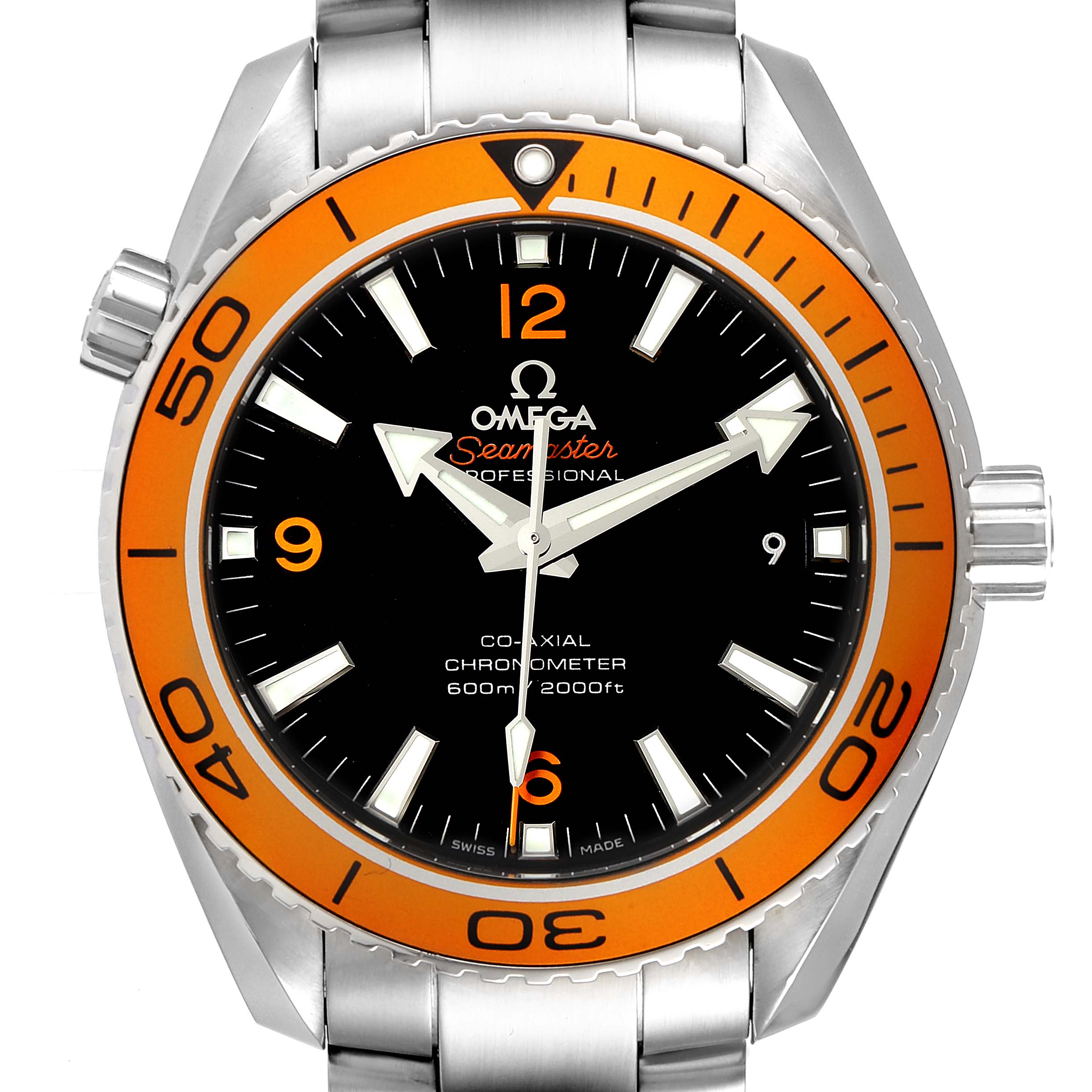 This image shows the front view of an Omega Planet Ocean 232.30.42.21.01.002 Men
s Stainless Steel Black Dial 232.30.42.21.01.002 Men
s Stainless Steel Black Dial watch, displaying the face, bezel, and part of the bracelet.