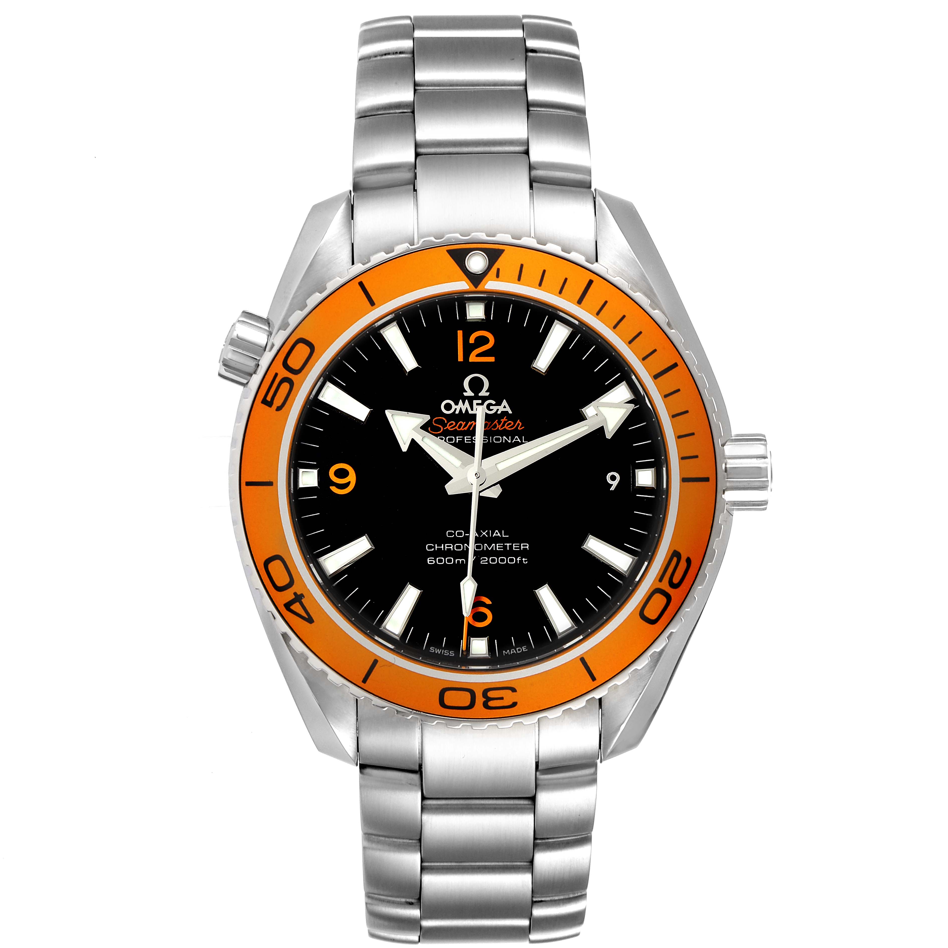 The Omega Planet Ocean 232.30.42.21.01.002 Men
s Stainless Steel Black Dial 232.30.42.21.01.002 Men
s Stainless Steel Black Dial watch is shown from a front angle, displaying its face, bezel, crown, and bracelet.