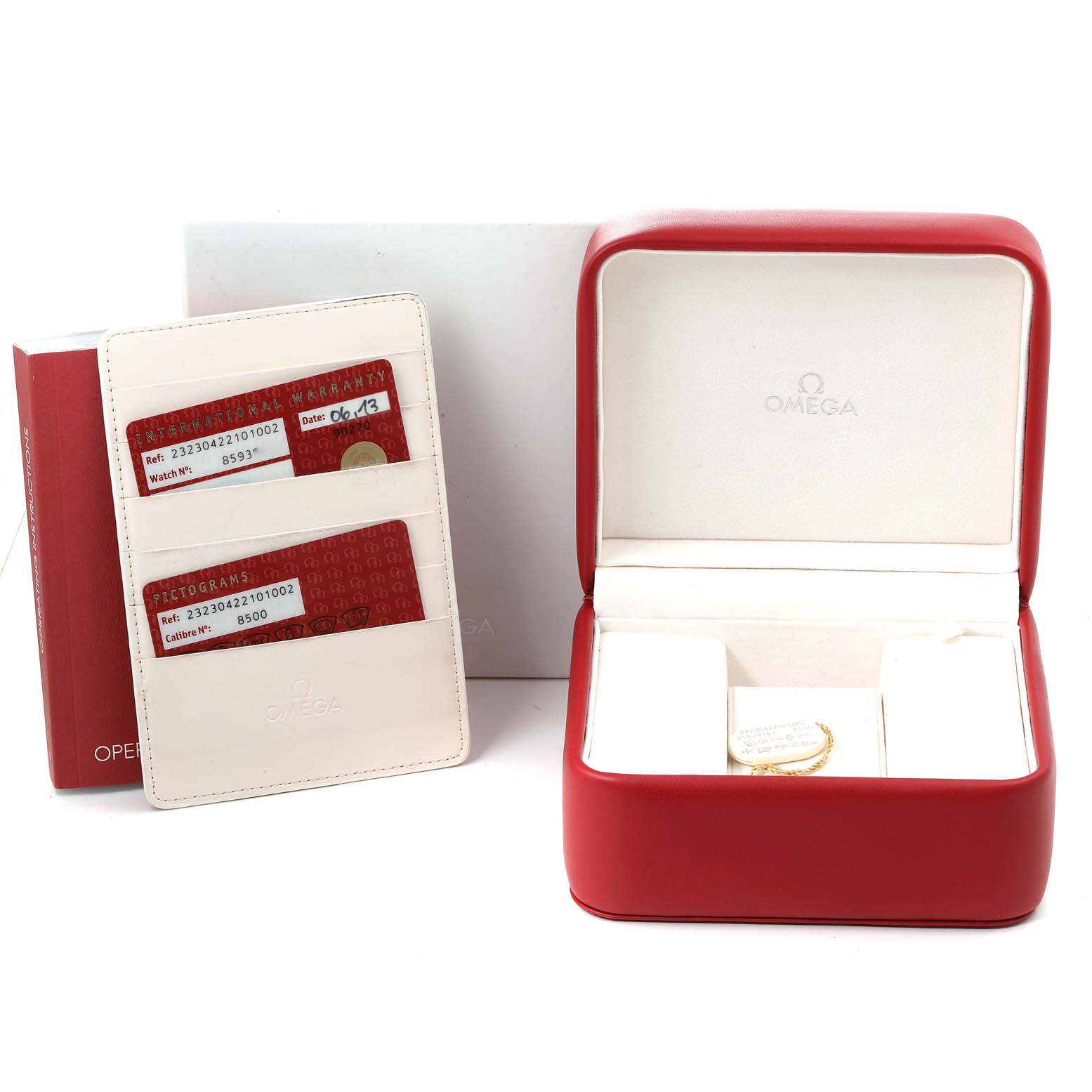 The image shows the Omega Planet Ocean 232.30.42.21.01.002 Men
s Stainless Steel Black Dial 232.30.42.21.01.002 Men
s Stainless Steel Black Dial watch packaging, including the red box, warranty cards, and cardholder.