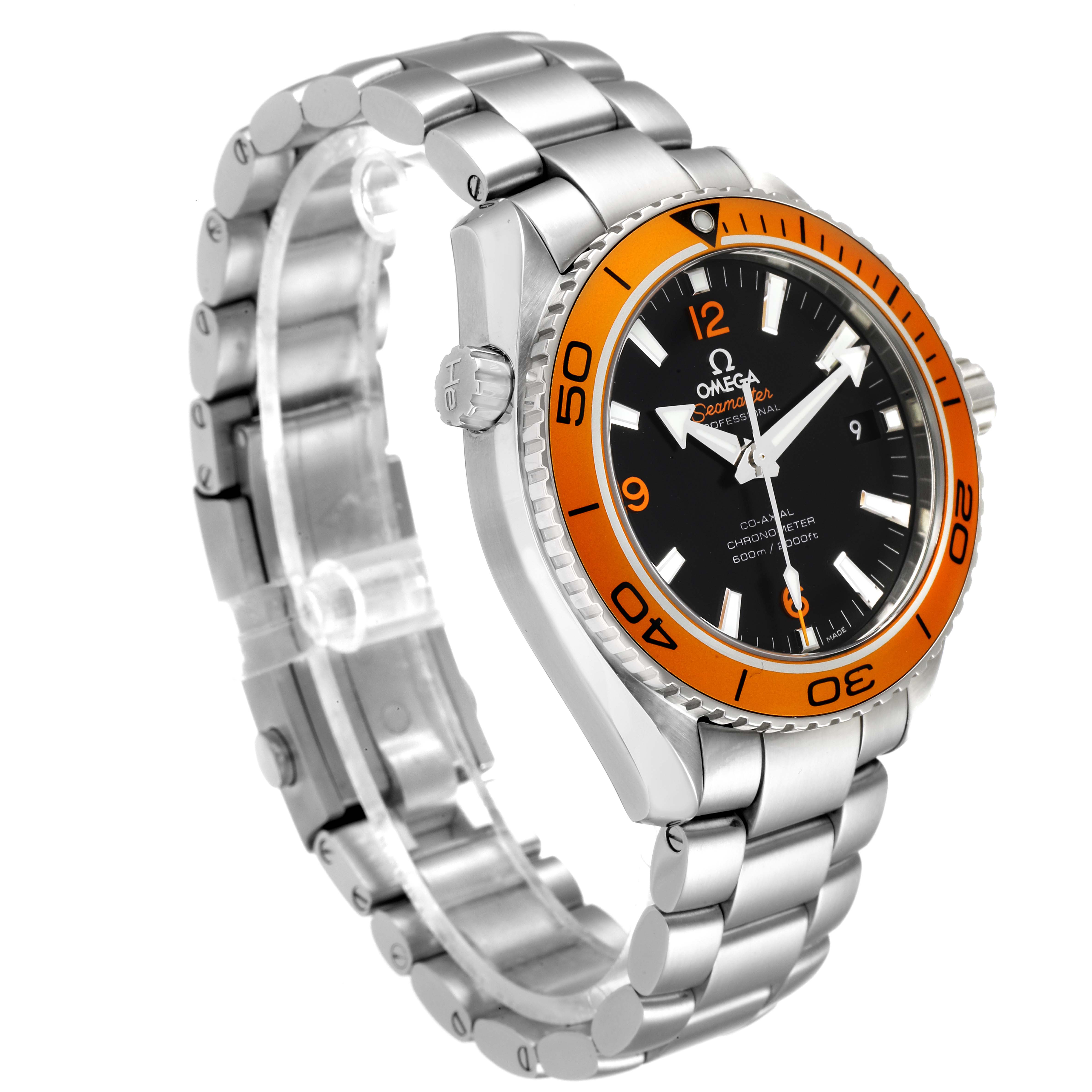 The image shows a side angle of the Omega Planet Ocean 232.30.42.21.01.002 Men
s Stainless Steel Black Dial 232.30.42.21.01.002 Men
s Stainless Steel Black Dial watch, highlighting the bracelet, case, and orange bezel.
