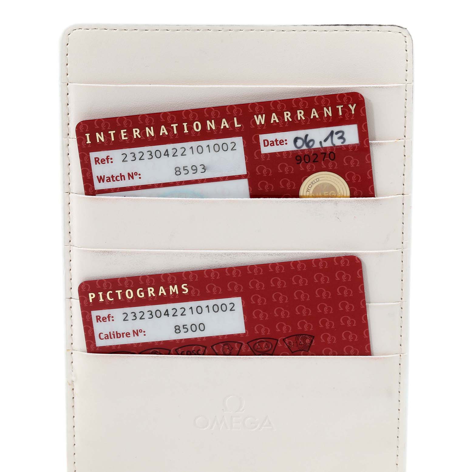 The image shows warranty and pictogram cards for a Planet Ocean model by Omega in a white cardholder.