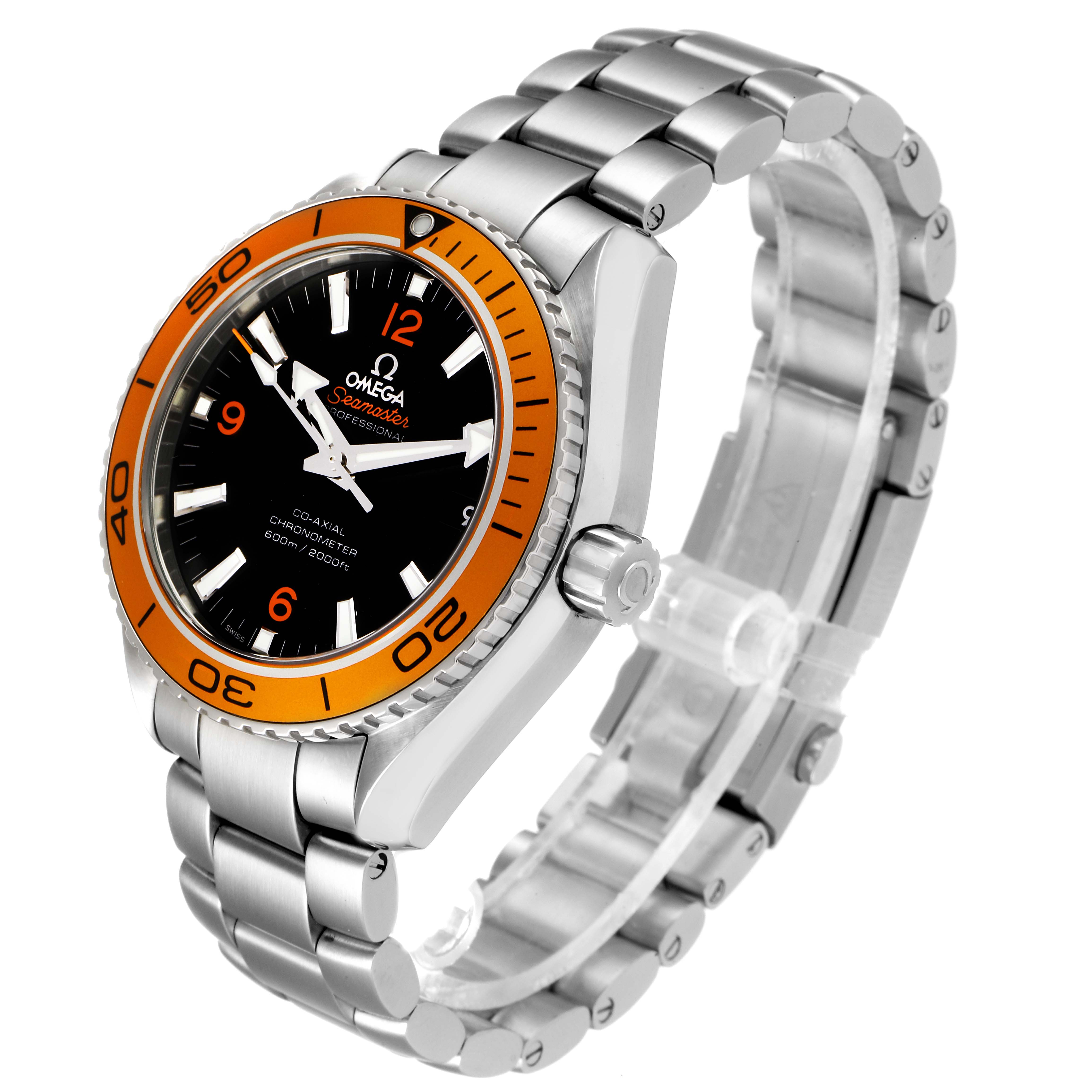 The image shows a side-angle view of the Omega Planet Ocean 232.30.42.21.01.002 Men
s Stainless Steel Black Dial 232.30.42.21.01.002 Men
s Stainless Steel Black Dial watch featuring its bracelet, bezel, and crown.