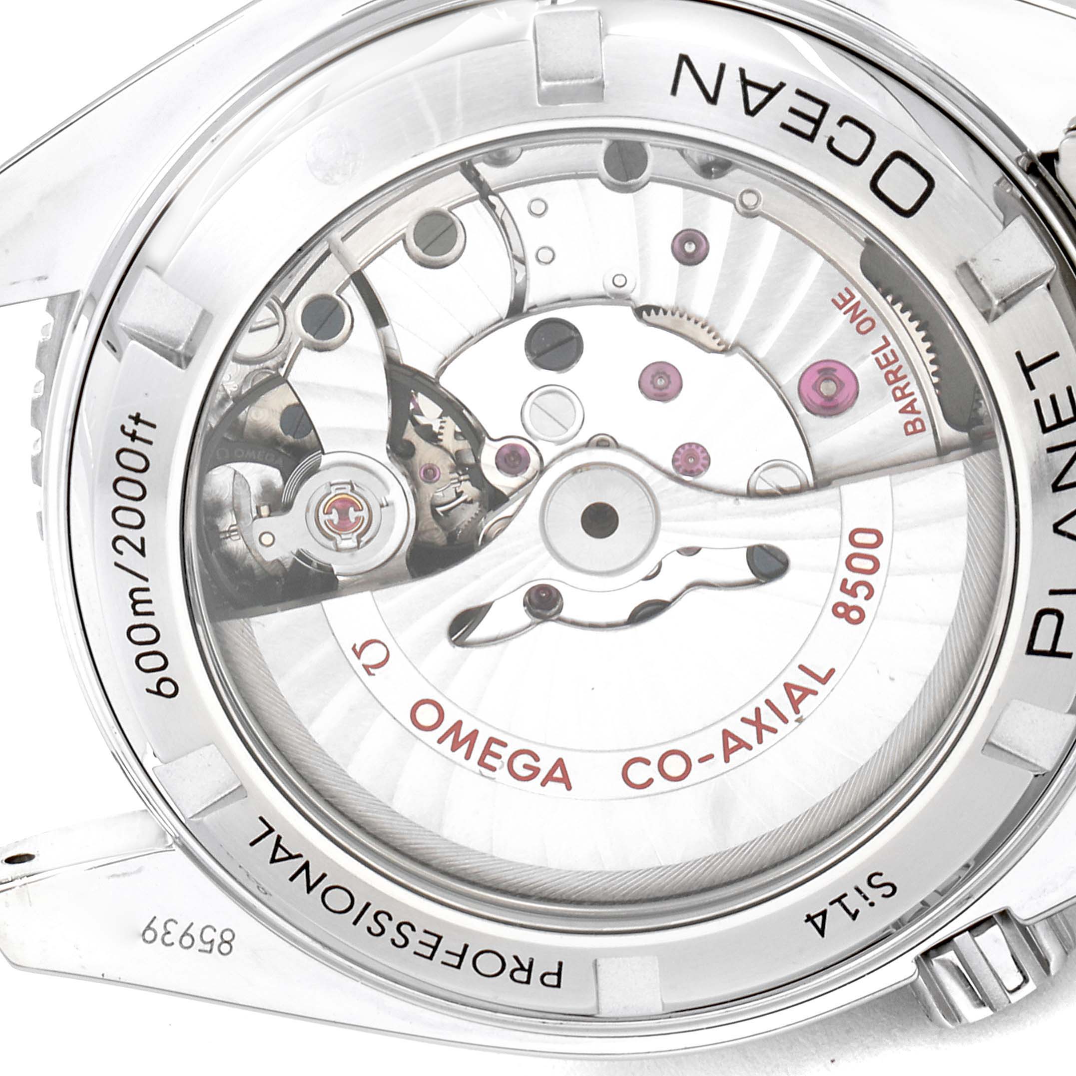 The image shows the back case and inner mechanisms of the Omega Planet Ocean 232.30.42.21.01.002 Men
s Stainless Steel Black Dial 232.30.42.21.01.002 Men
s Stainless Steel Black Dial model watch, highlighting the movement and specifications.