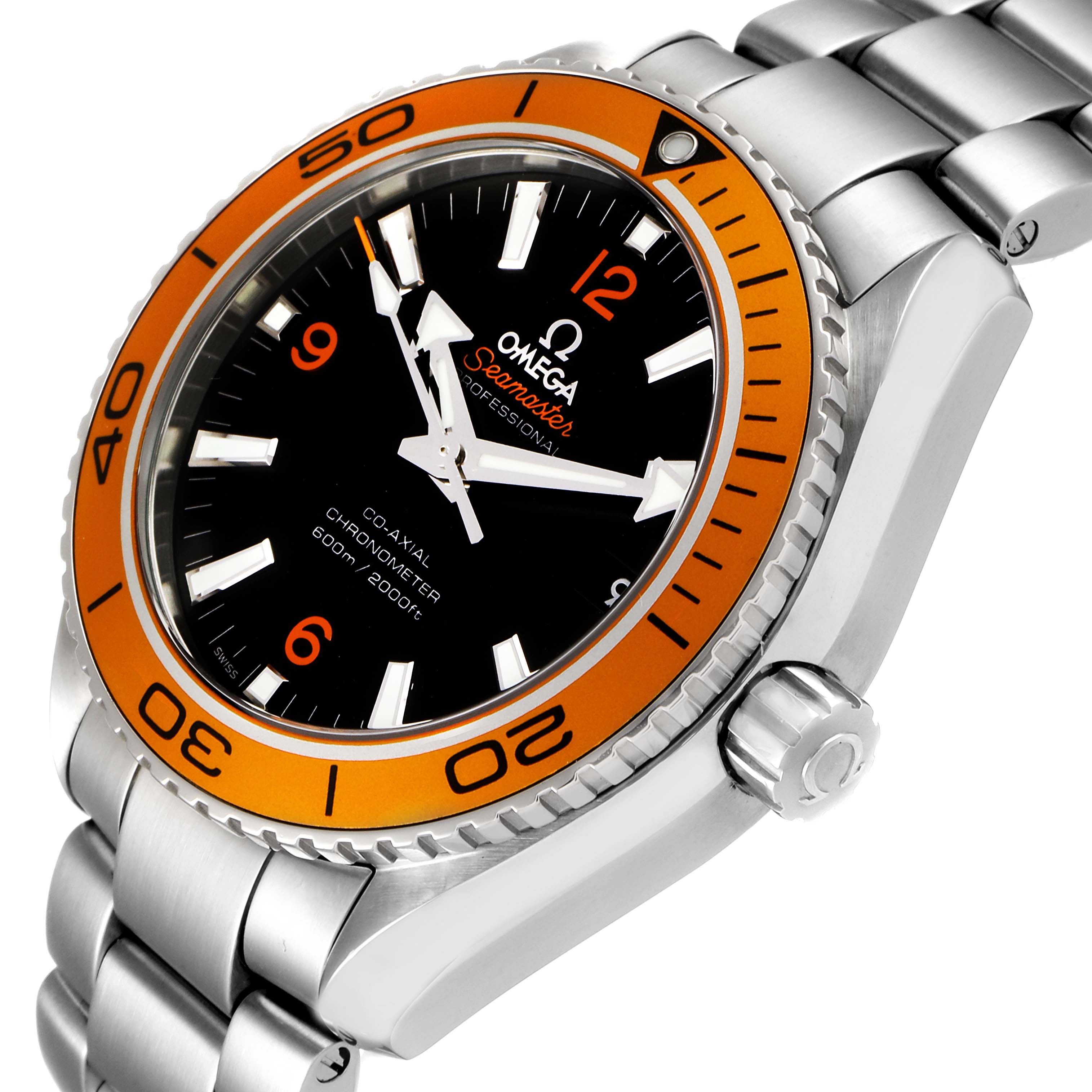 The image shows an angled view of the Omega Planet Ocean 232.30.42.21.01.002 Men
s Stainless Steel Black Dial 232.30.42.21.01.002 Men
s Stainless Steel Black Dial watch, highlighting its orange bezel, black dial, and steel bracelet.