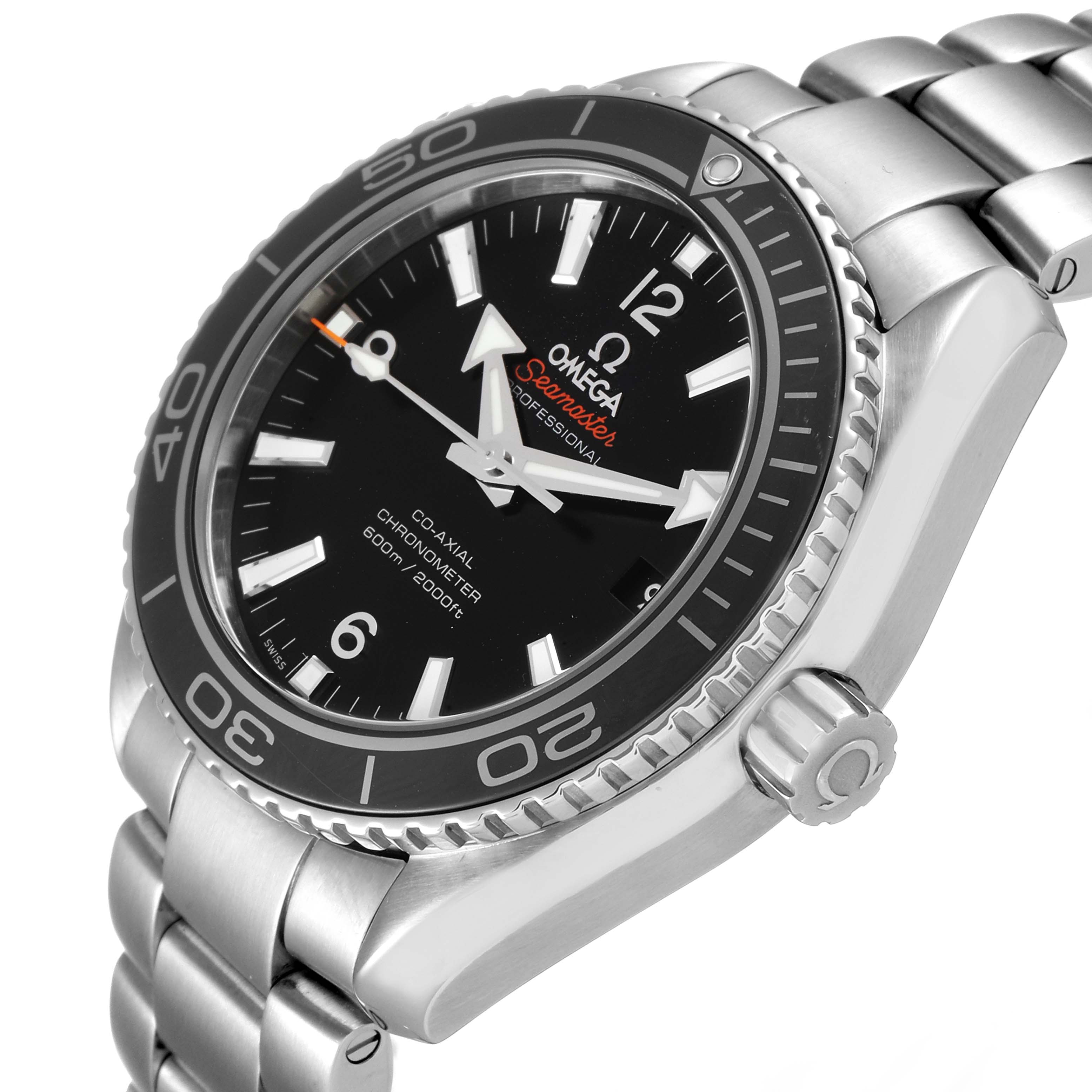 The image features a close-up of the Omega Planet Ocean 232.30.42.21.01.003 Men
s Stainless Steel Black Dial 232.30.42.21.01.003 Men
s Stainless Steel Black Dial watch, showcasing its dial, bezel, and part of the bracelet from a side angle.