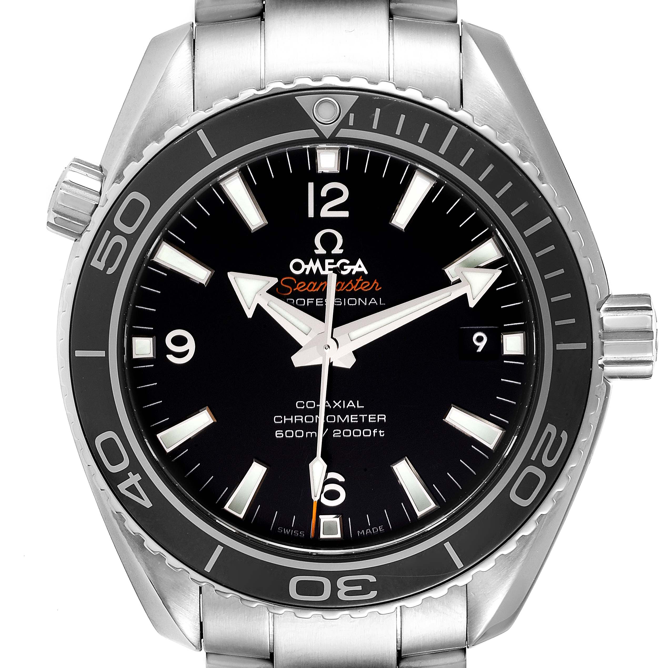 The image shows a front view of the Omega Planet Ocean 232.30.42.21.01.003 Men
s Stainless Steel Black Dial 232.30.42.21.01.003 Men
s Stainless Steel Black Dial model watch, highlighting the dial, bezel, and bracelet.