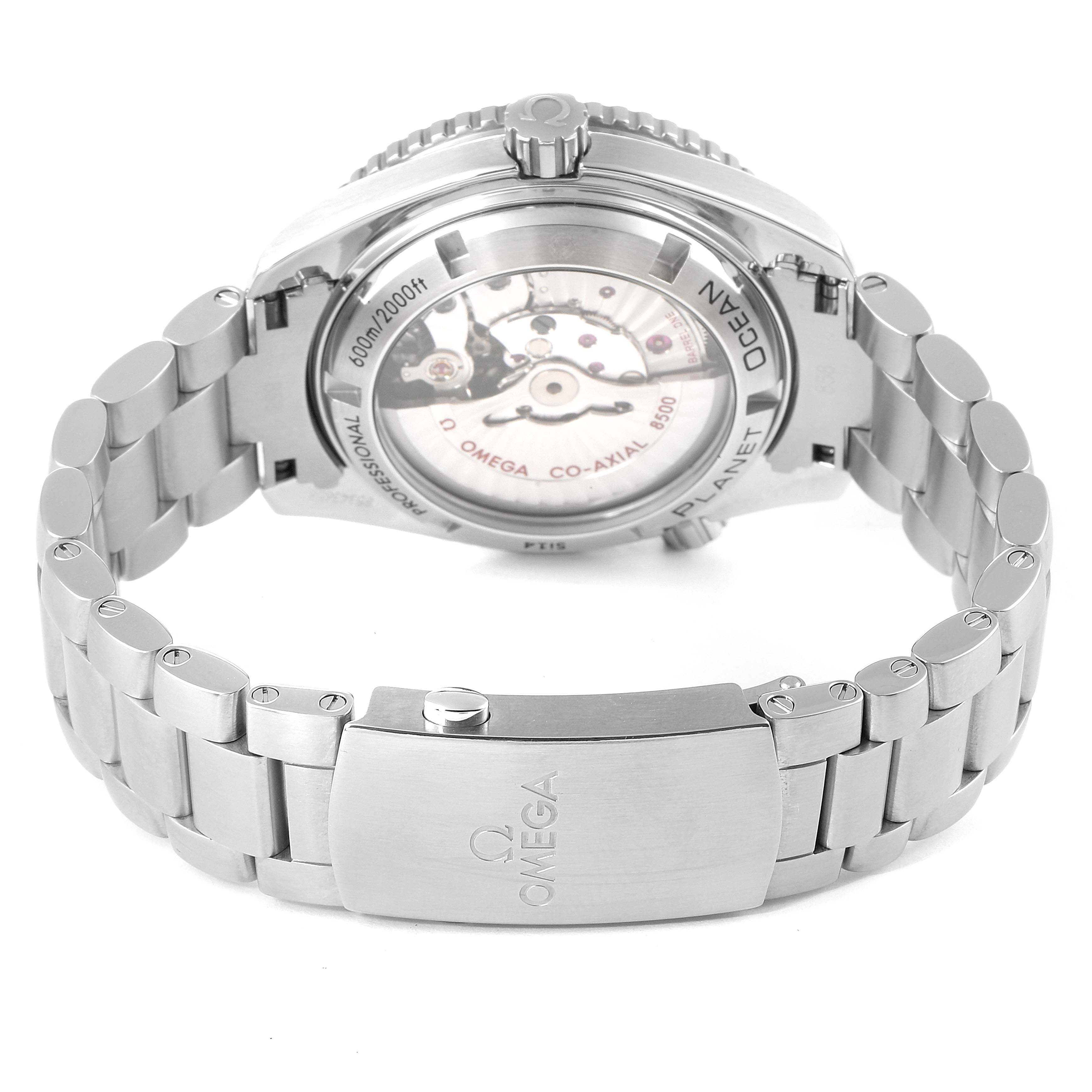 The image shows the back of the Omega Planet Ocean 232.30.42.21.01.003 Men
s Stainless Steel Black Dial 232.30.42.21.01.003 Men
s Stainless Steel Black Dial watch, highlighting the movement and stainless steel bracelet.