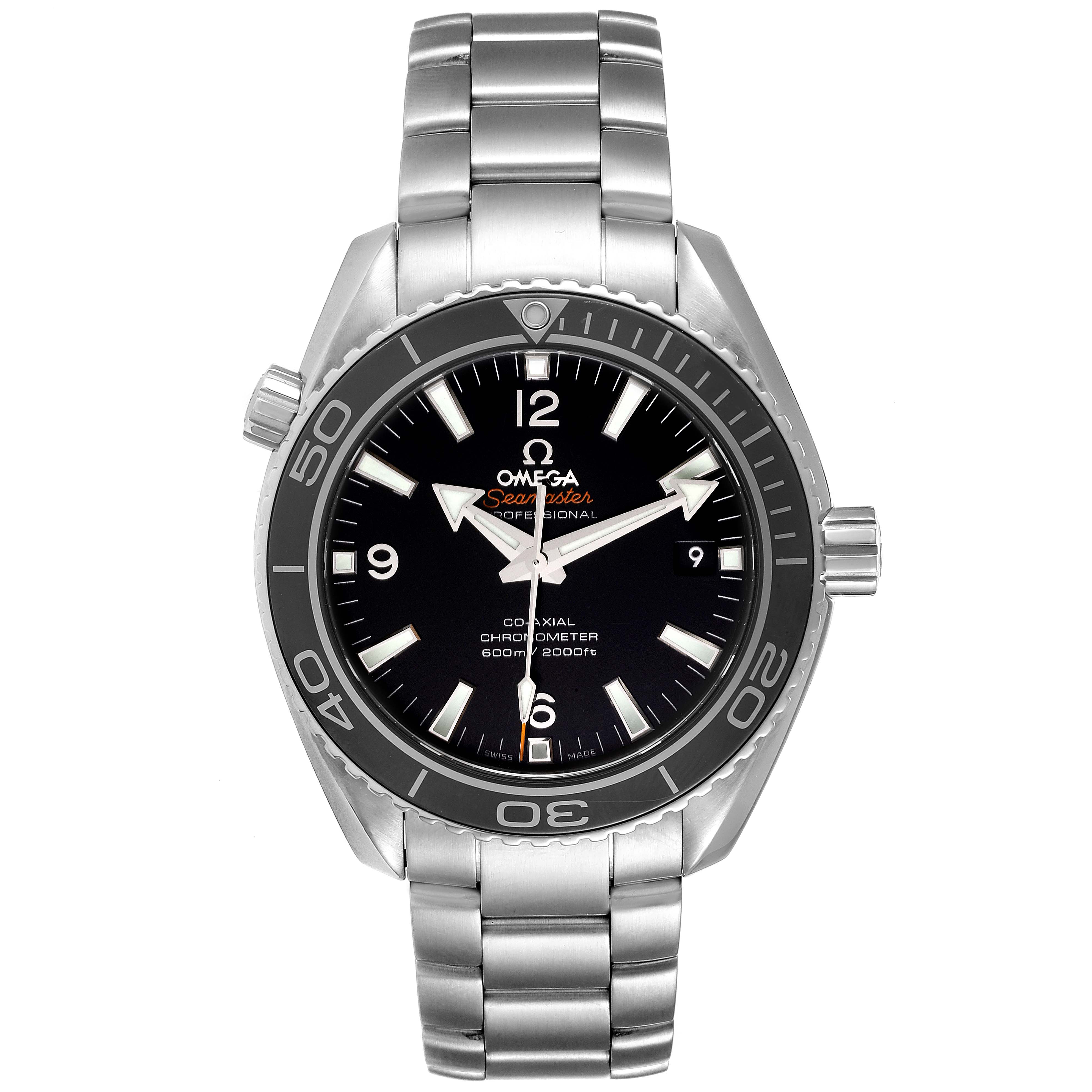 The Omega Planet Ocean 232.30.42.21.01.003 Men
s Stainless Steel Black Dial 232.30.42.21.01.003 Men
s Stainless Steel Black Dial watch is shown from a front angle, displaying the dial, bezel, crown, and bracelet.