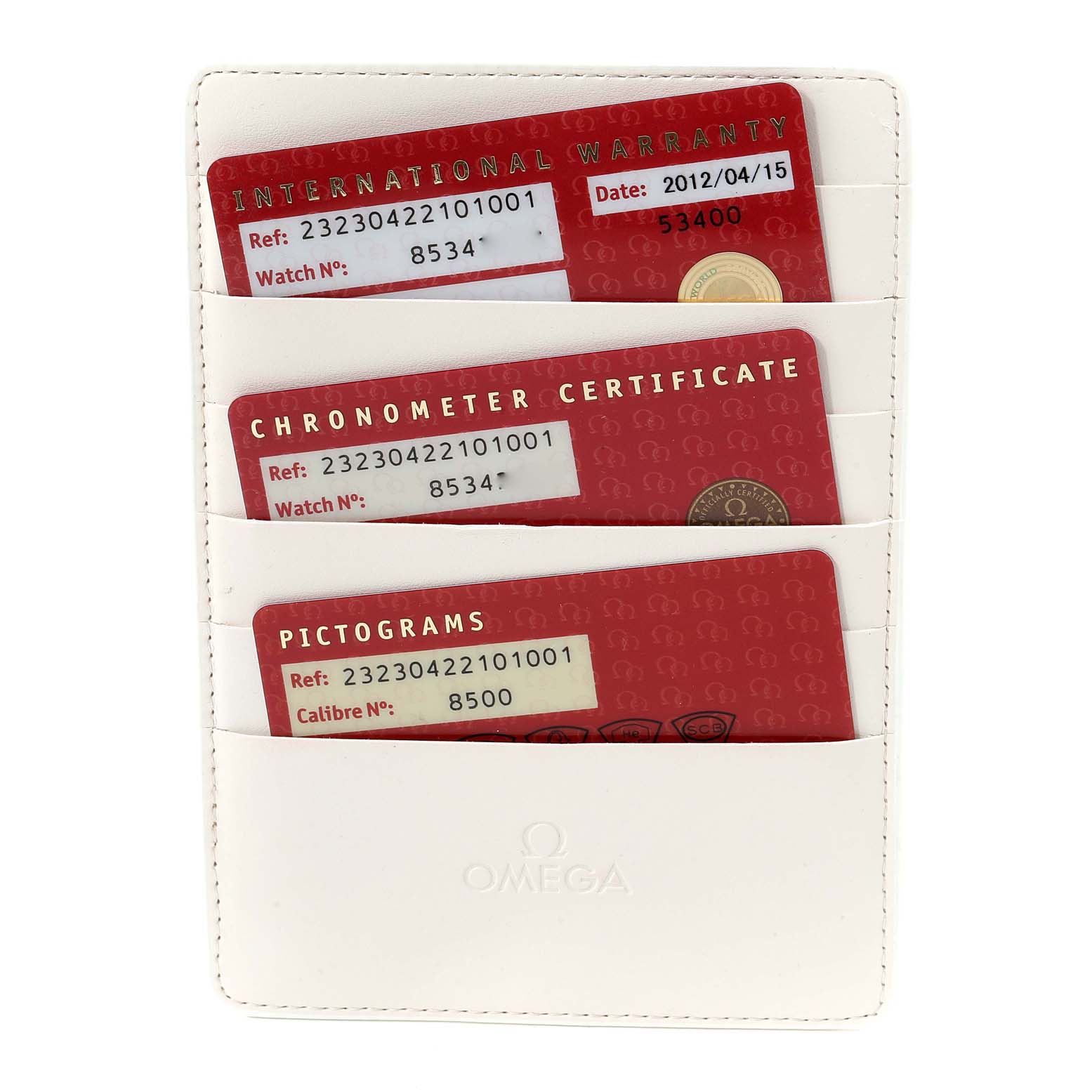 The image shows the warranty and certification cards for the Omega Planet Ocean 232.30.42.21.01.003 Men
s Stainless Steel Black Dial 232.30.42.21.01.003 Men
s Stainless Steel Black Dial model arranged in a white cardholder.