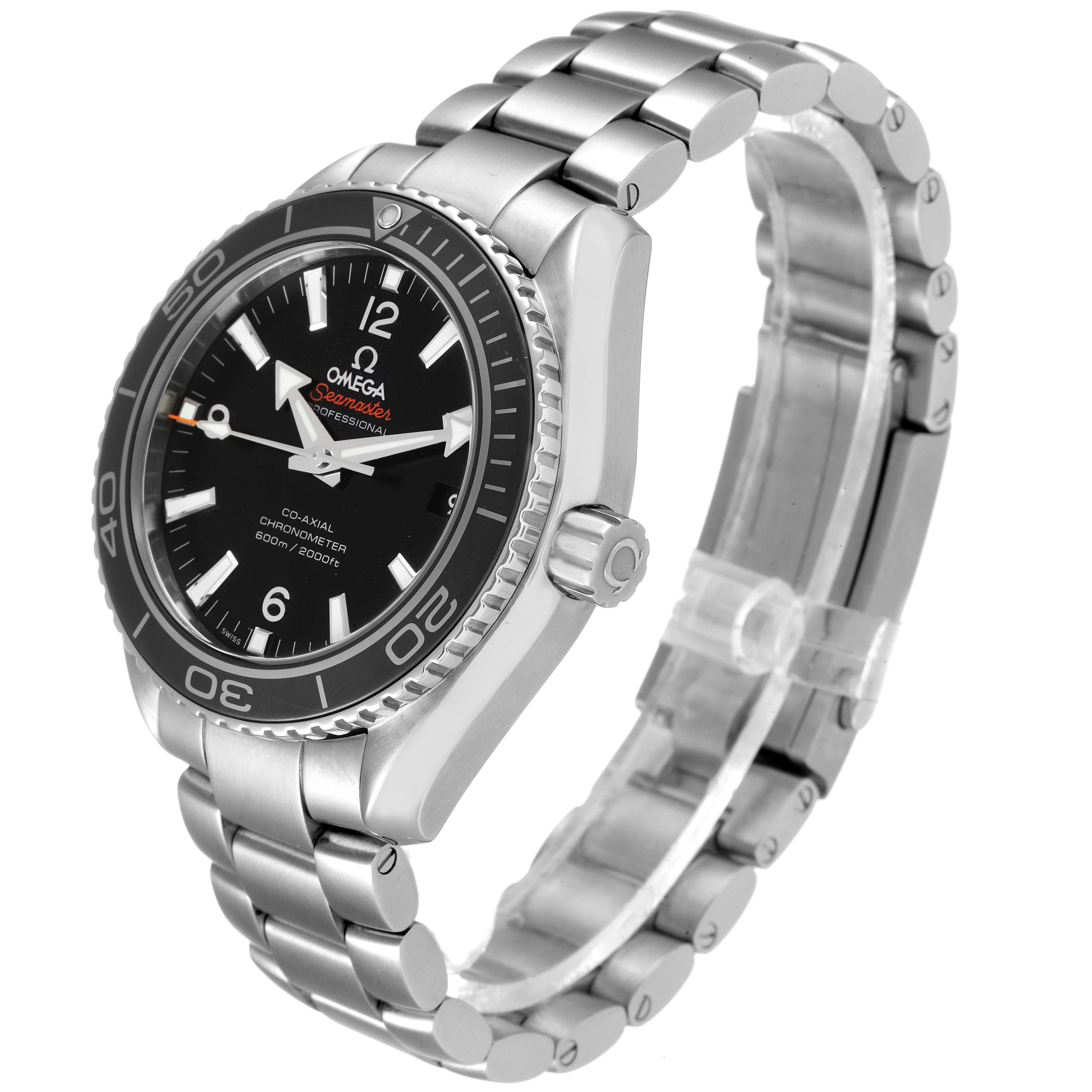 The image shows a side angle of the Omega Planet Ocean 232.30.42.21.01.003 Men
s Stainless Steel Black Dial 232.30.42.21.01.003 Men
s Stainless Steel Black Dial watch, highlighting its face, bezel, crown, and bracelet.