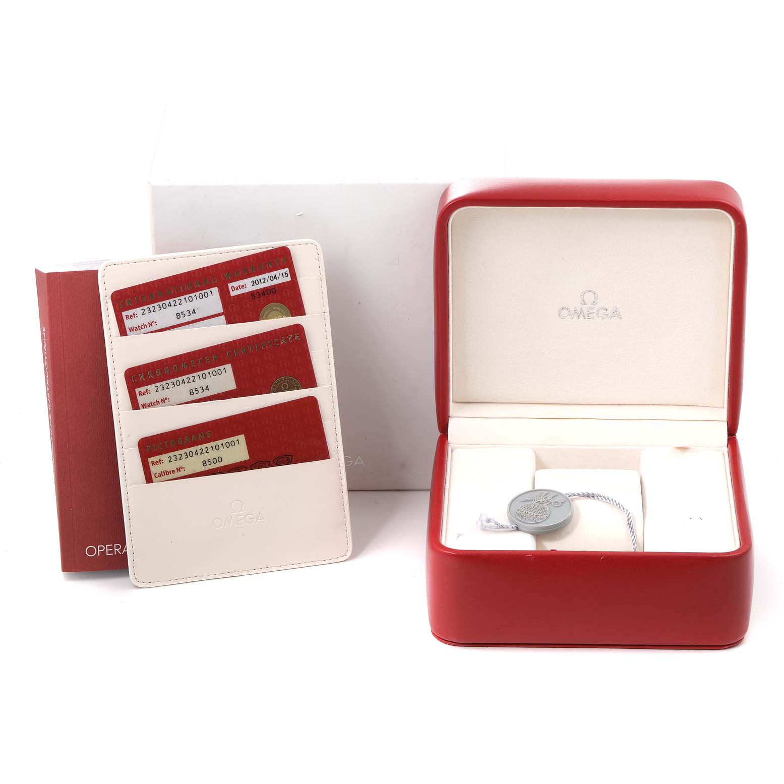 The image shows the Omega Planet Ocean 232.30.42.21.01.003 Men
s Stainless Steel Black Dial 232.30.42.21.01.003 Men
s Stainless Steel Black Dial watch box, warranty cards, and original packaging from various angles.