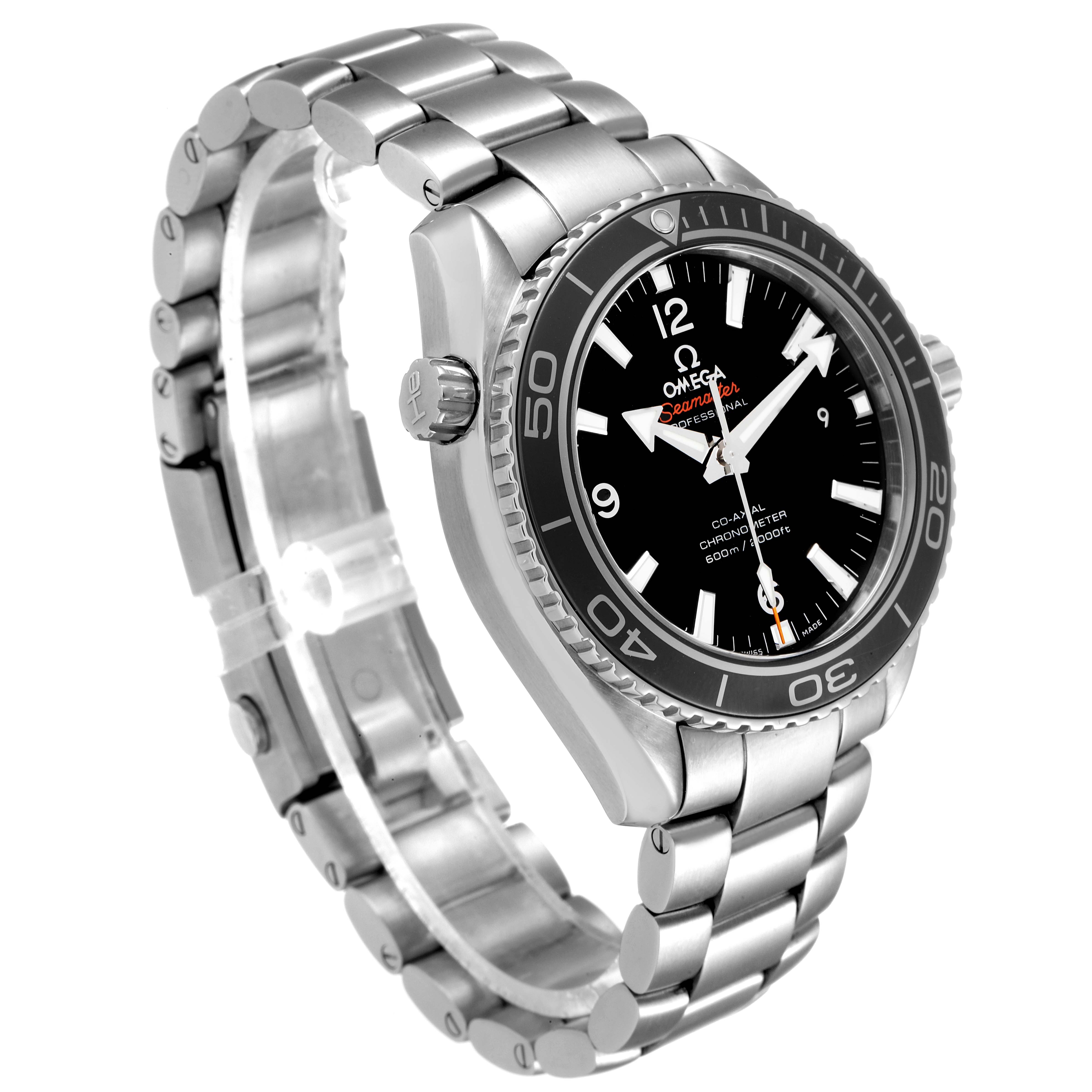 The Omega Planet Ocean 232.30.42.21.01.003 Men
s Stainless Steel Black Dial 232.30.42.21.01.003 Men
s Stainless Steel Black Dial watch is shown at a three-quarter angle, highlighting the face, bezel, crown, and bracelet.