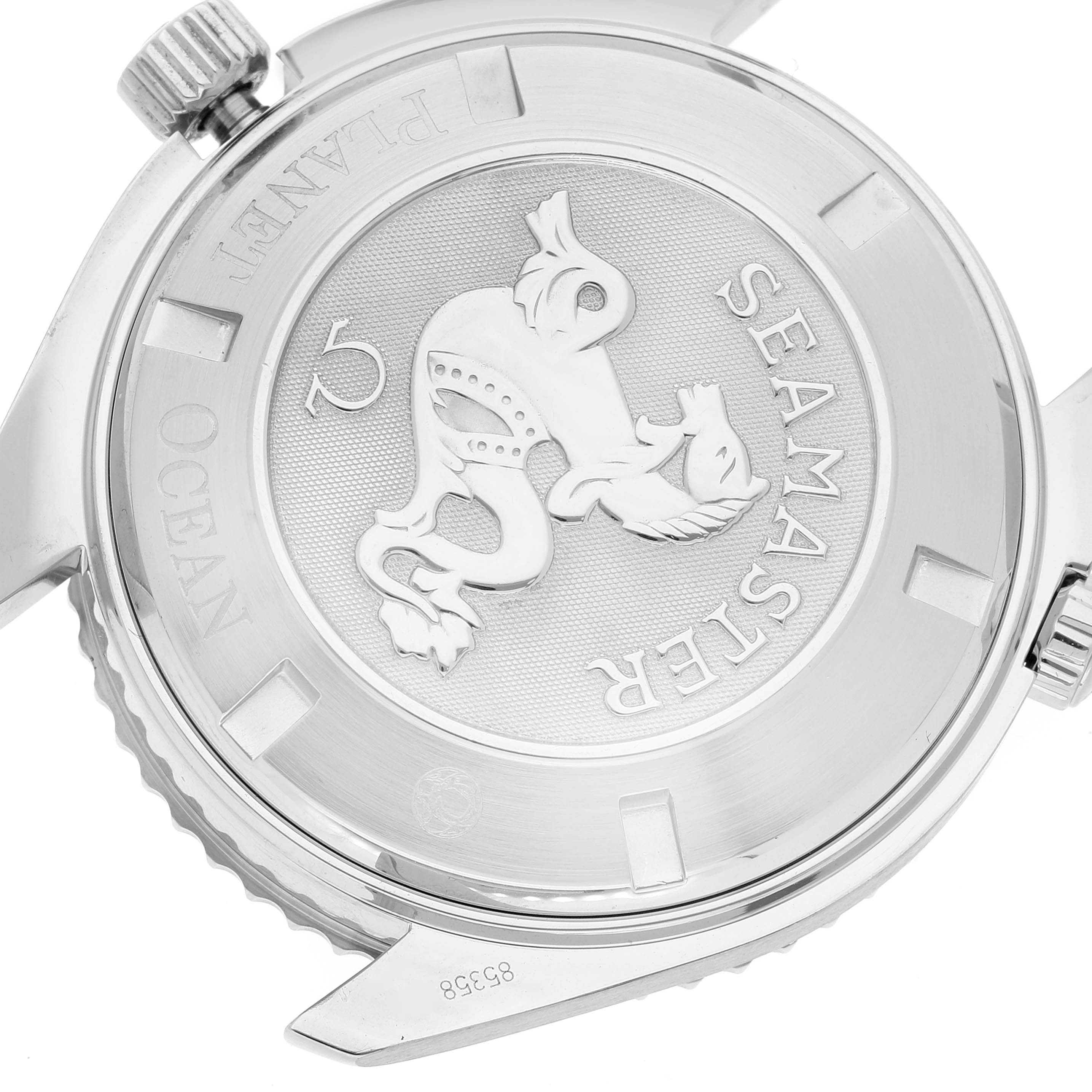 The image shows the case back of the Omega Planet Ocean 2200.50.00 Men
s Stainless Steel Black Dial 2200.50.00 Men
s Stainless Steel Black Dial watch.