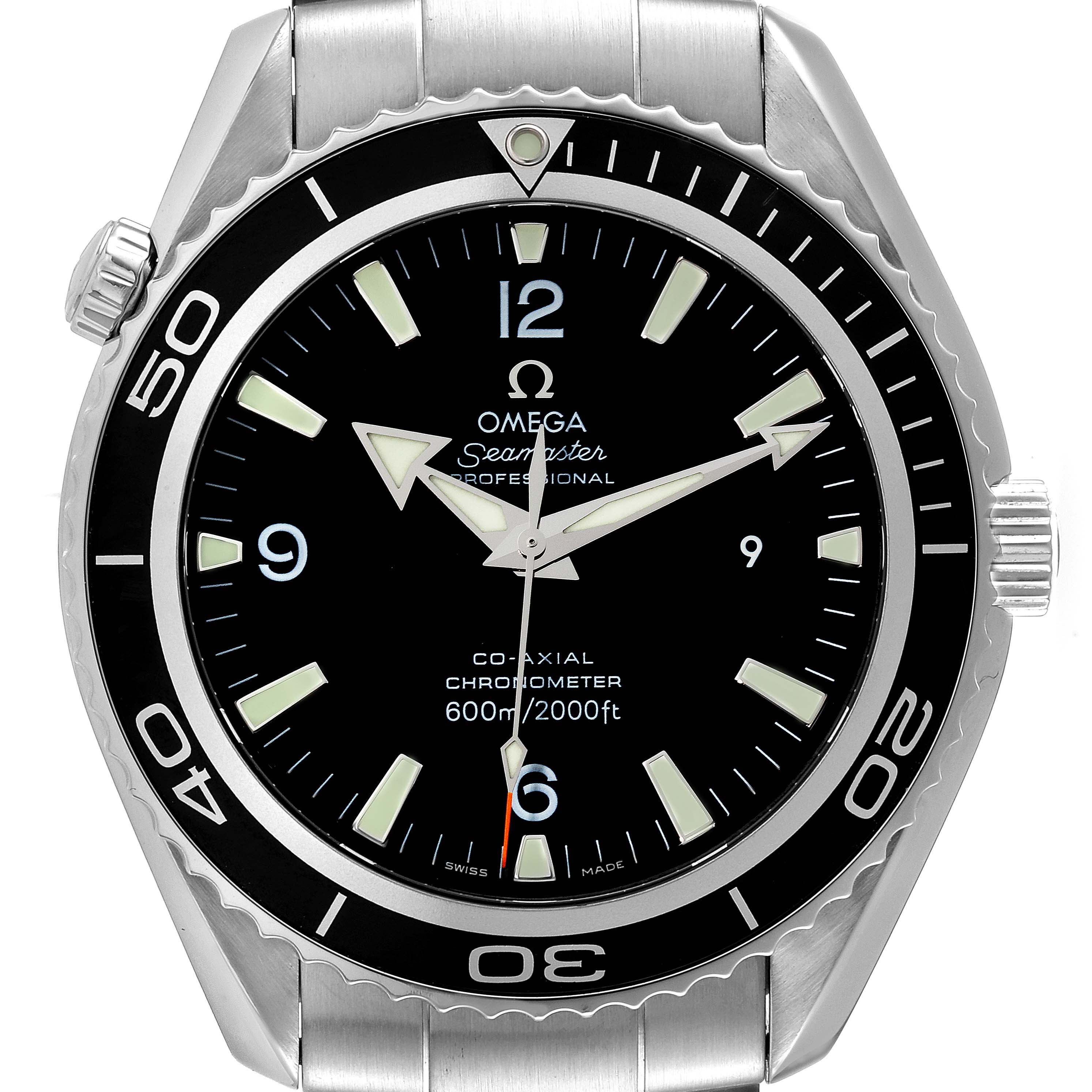 The Omega Planet Ocean 2200.50.00 Men
s Stainless Steel Black Dial 2200.50.00 Men
s Stainless Steel Black Dial watch is shown from the front, displaying the dial, bezel, and part of the bracelet.