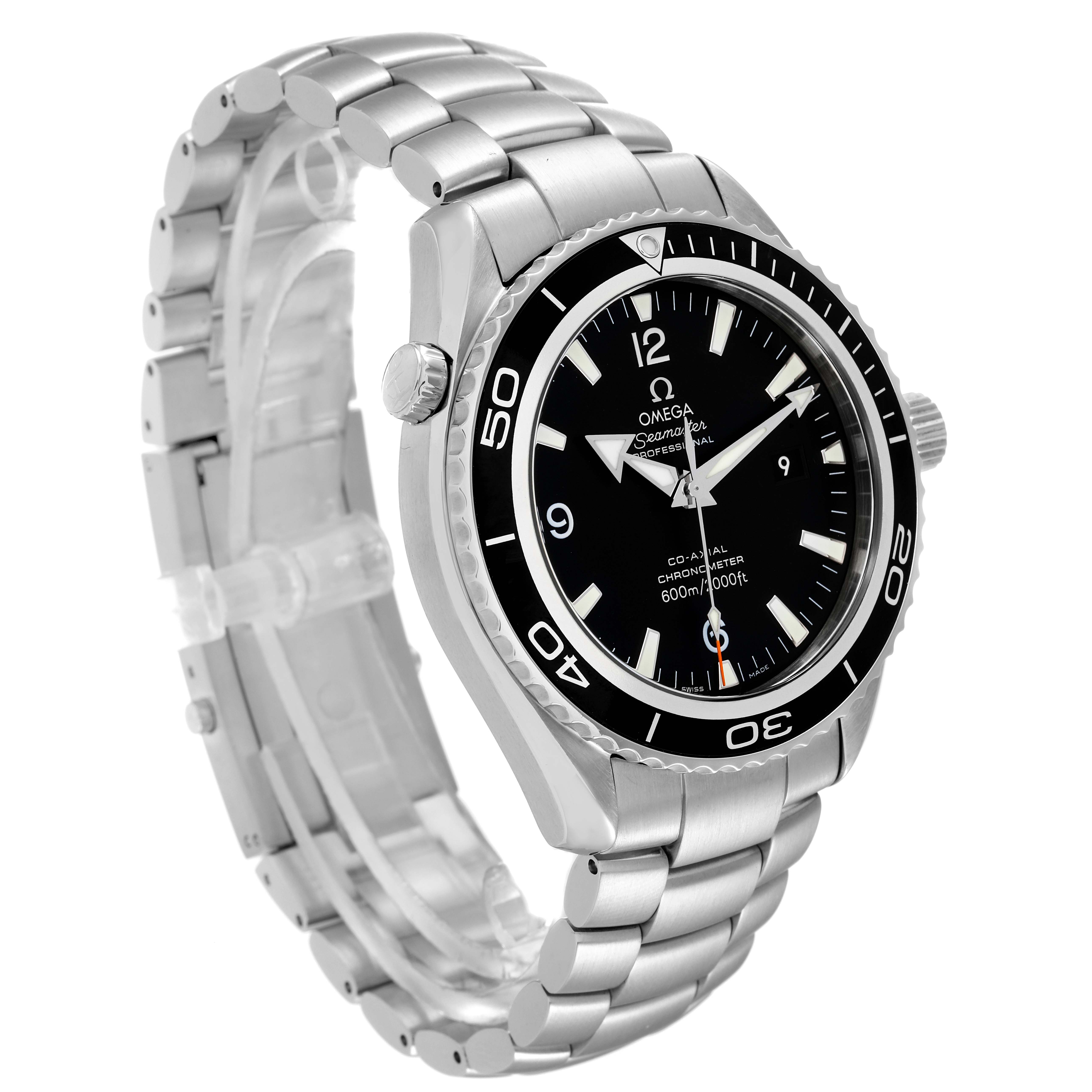The Omega Planet Ocean 2200.50.00 Men
s Stainless Steel Black Dial 2200.50.00 Men
s Stainless Steel Black Dial watch is shown at a three-quarter angle highlighting the face, bezel, crown, and metal bracelet.