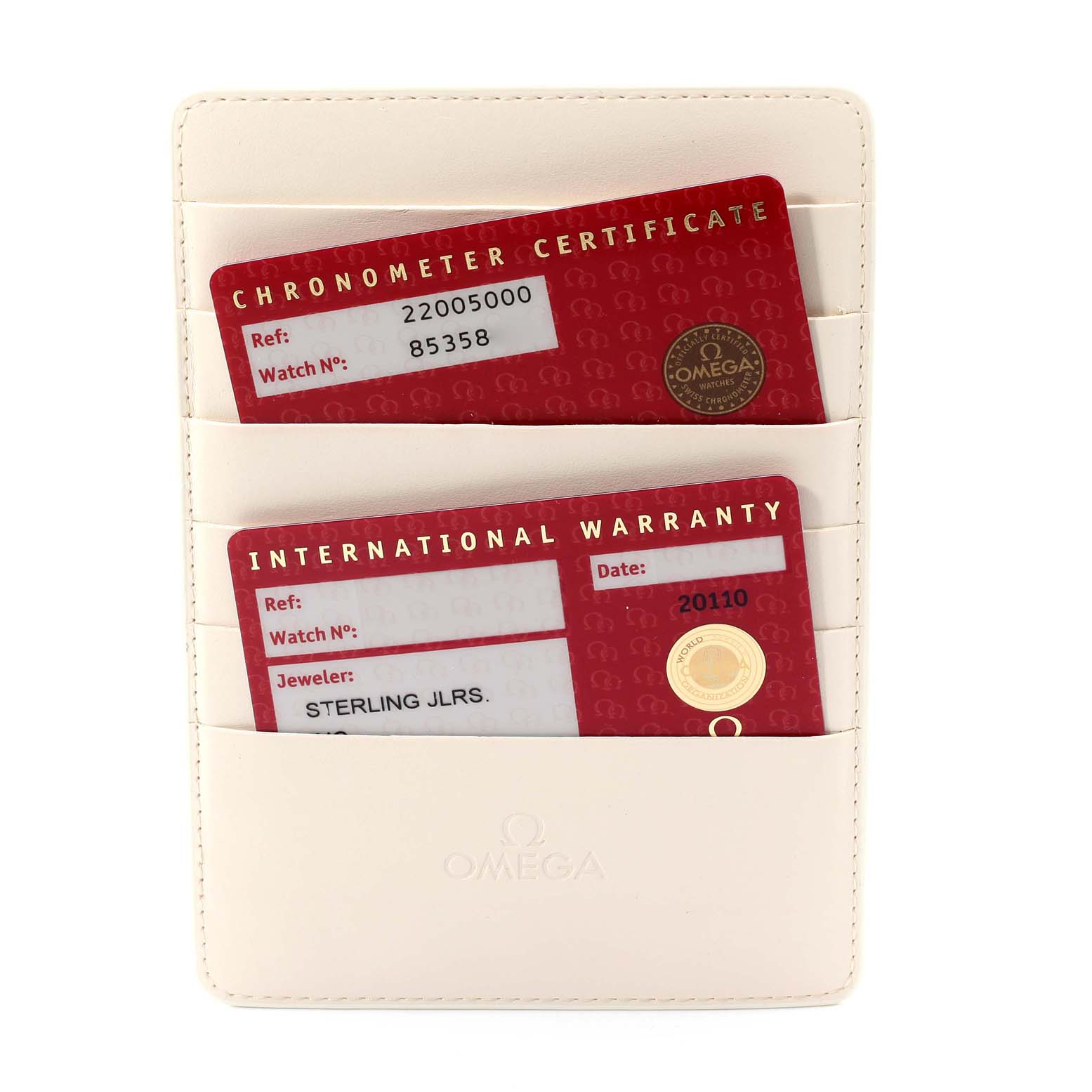 The image shows the Chronometer Certificate and International Warranty cards for the Omega Planet Ocean 2200.50.00 Men
s Stainless Steel Black Dial 2200.50.00 Men
s Stainless Steel Black Dial model.