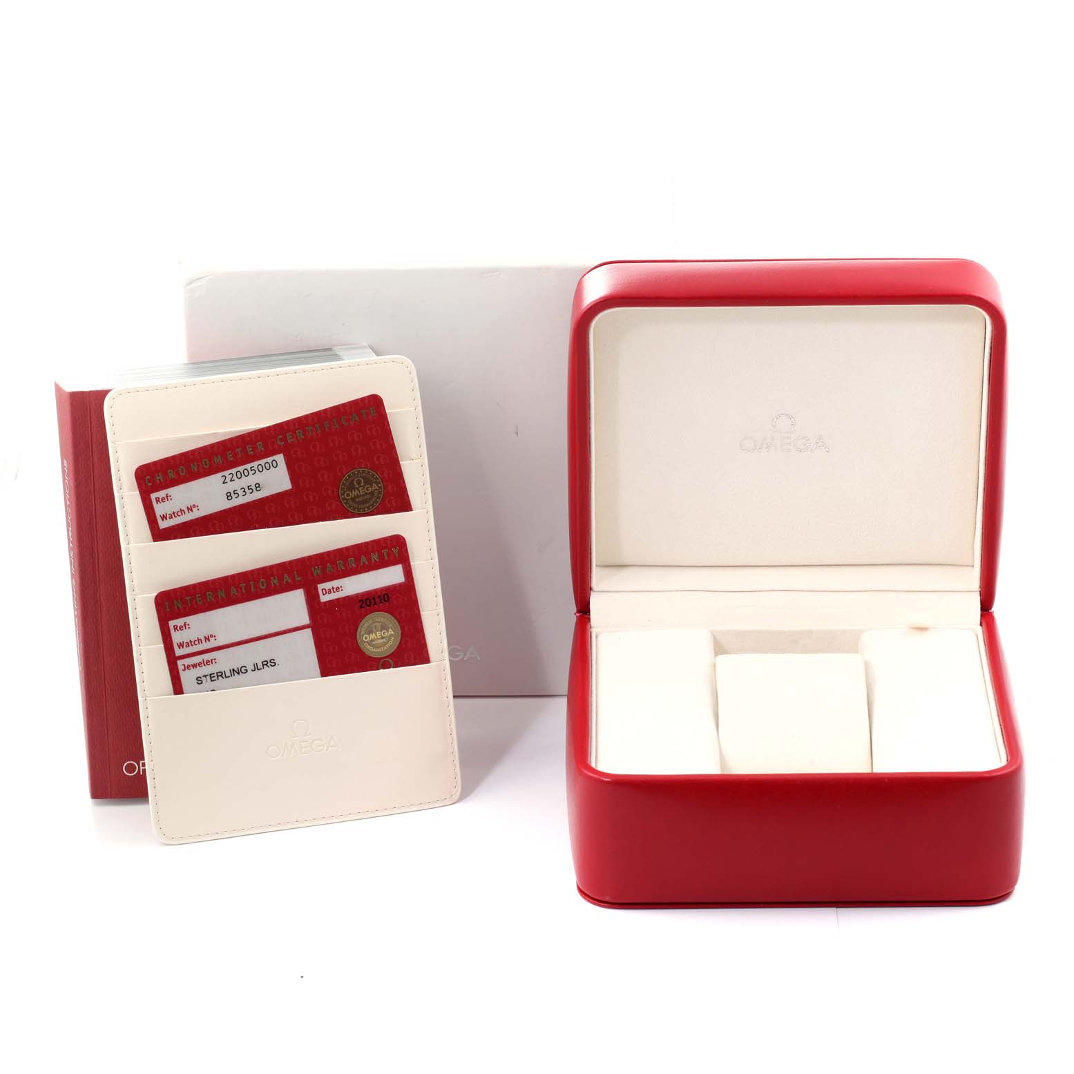 The image shows an Omega Planet Ocean 2200.50.00 Men
s Stainless Steel Black Dial 2200.50.00 Men
s Stainless Steel Black Dial watch box, warranty cards, and a certificate holder, viewed from the front.