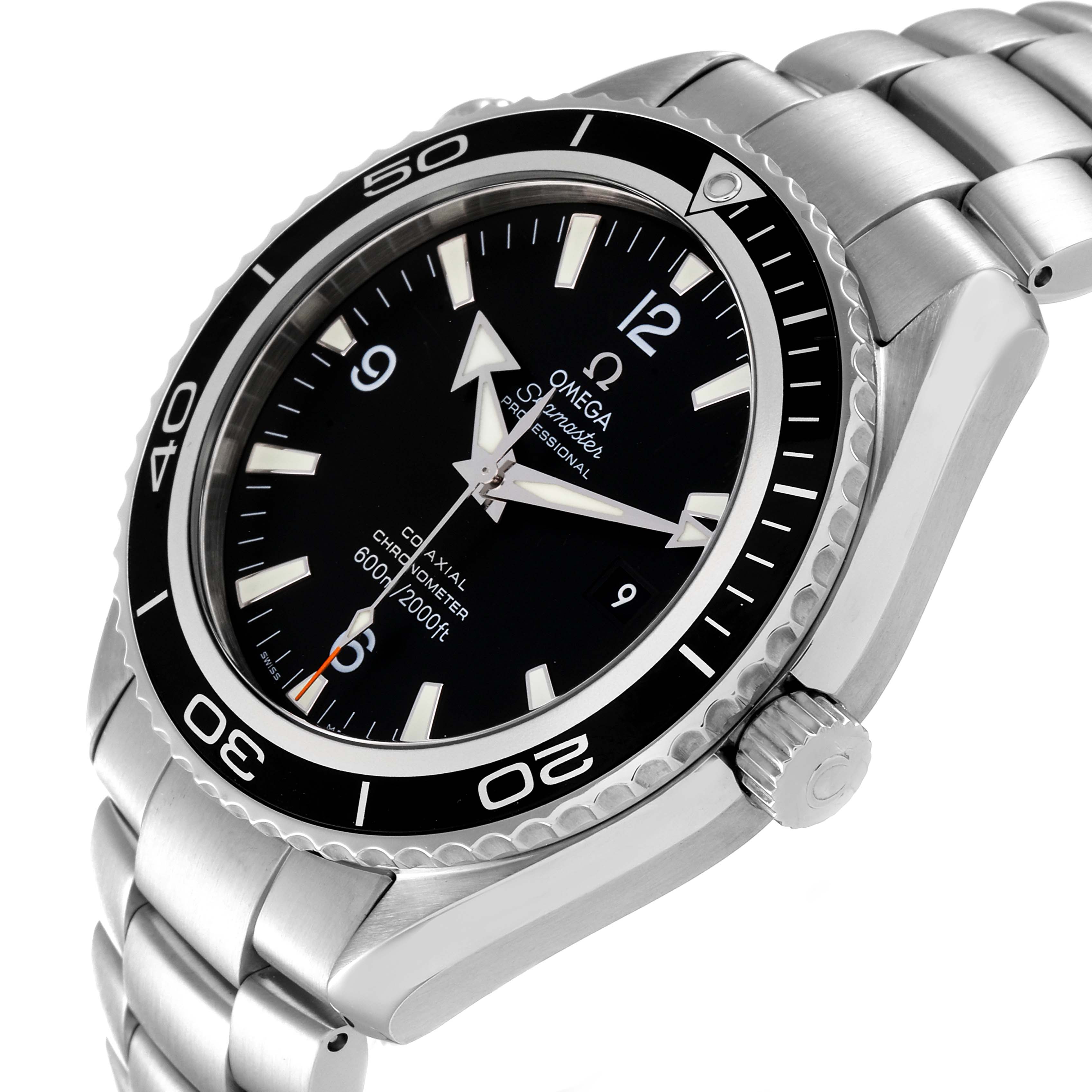 This image shows the Omega Planet Ocean 2200.50.00 Men
s Stainless Steel Black Dial 2200.50.00 Men
s Stainless Steel Black Dial watch at a slight angle, highlighting its face, bezel, and part of the metal bracelet.