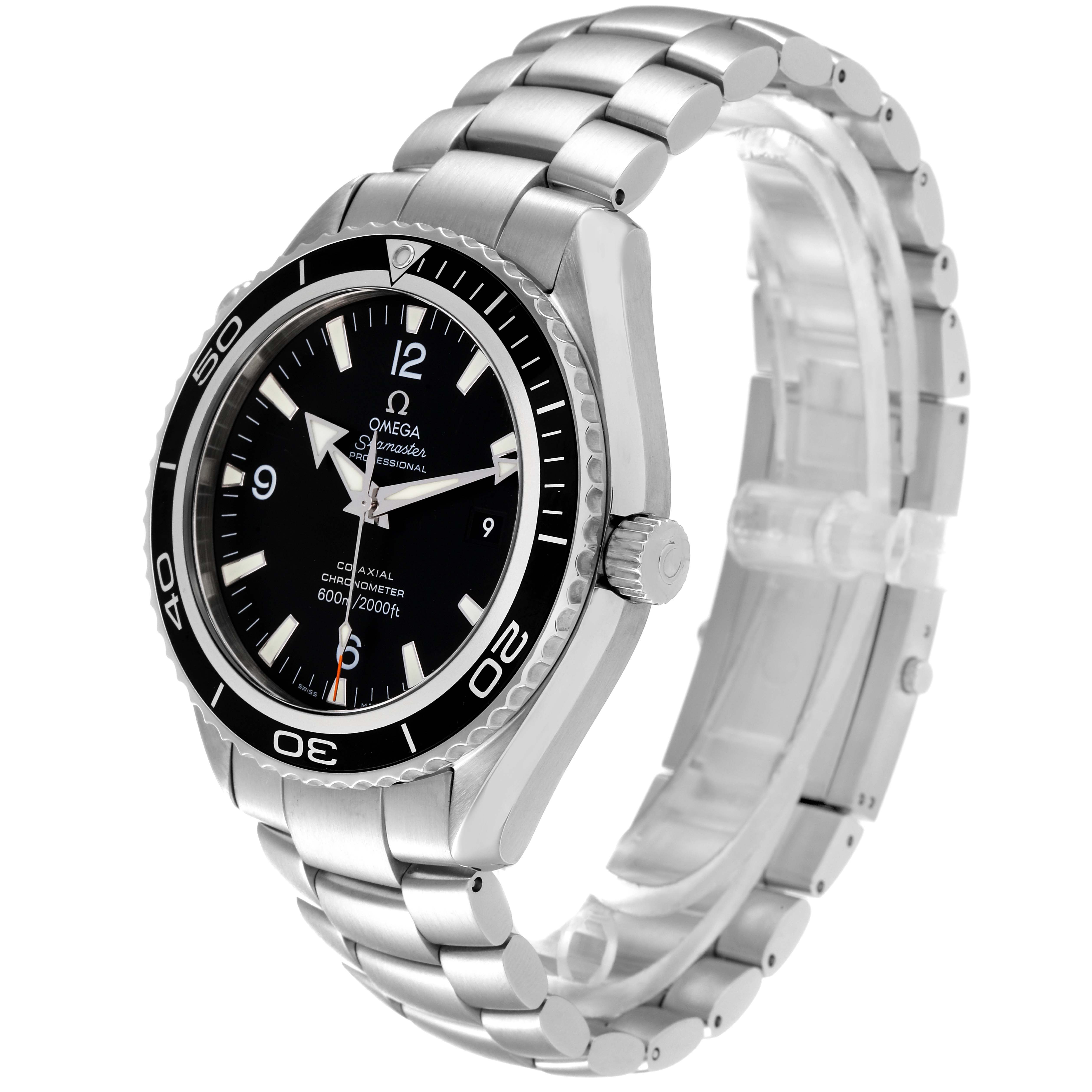 The image shows the Omega Planet Ocean 2200.50.00 Men
s Stainless Steel Black Dial 2200.50.00 Men
s Stainless Steel Black Dial watch angled to display the watch face, bezel, case, and metal bracelet.