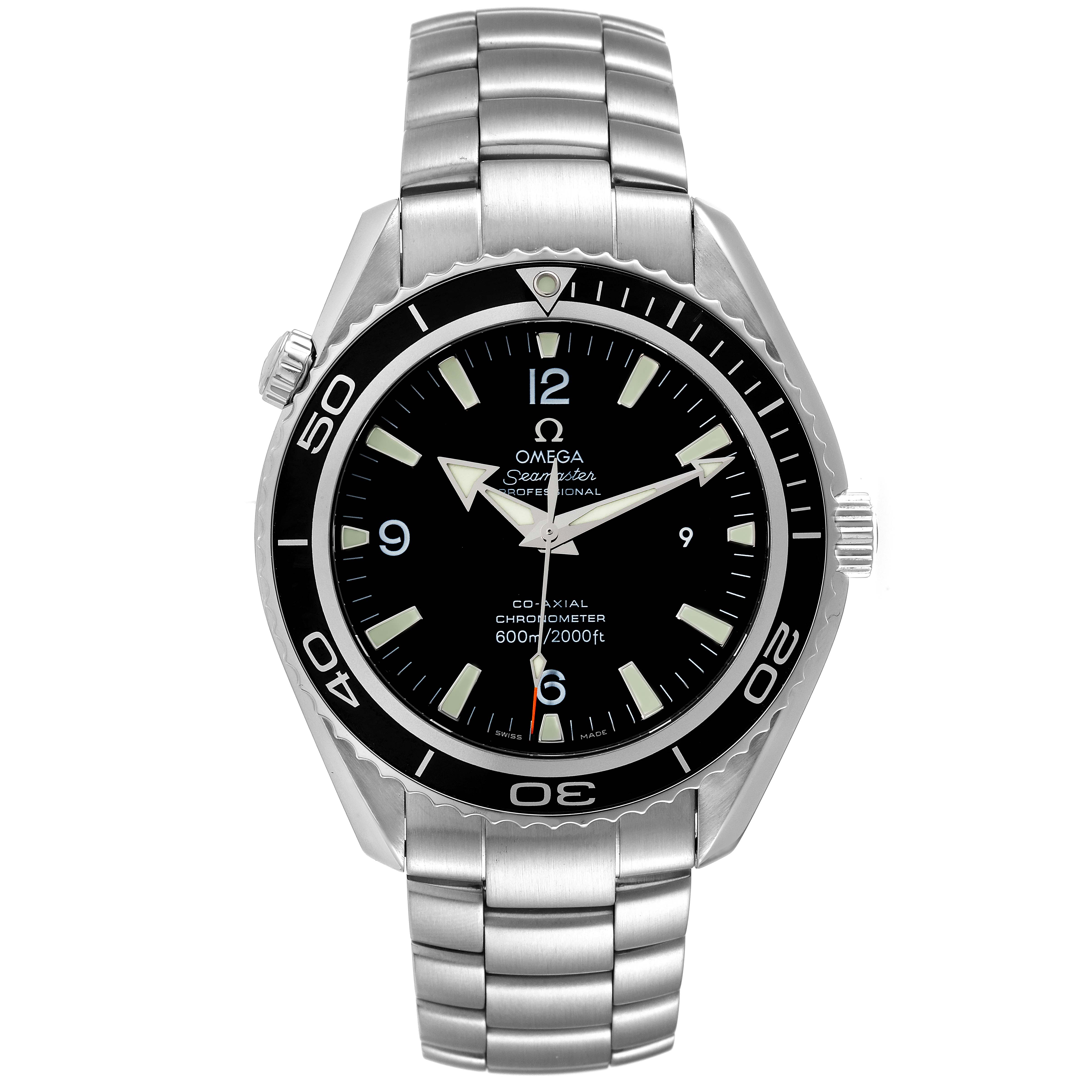 The image shows a front view of the Omega Planet Ocean 2200.50.00 Men
s Stainless Steel Black Dial 2200.50.00 Men
s Stainless Steel Black Dial model watch, displaying its face, bezel, and metal bracelet.