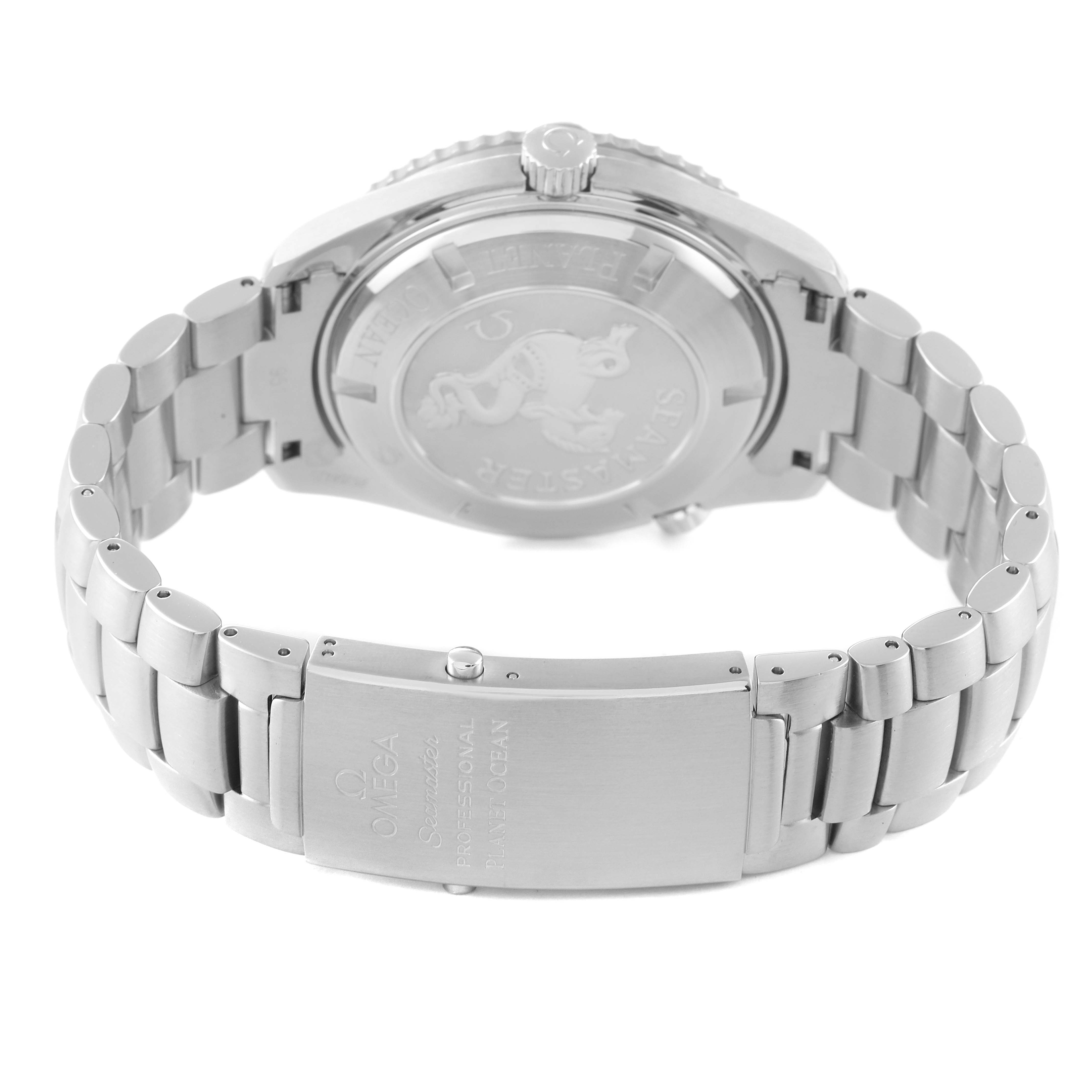 The image shows the back and clasp of the Omega Planet Ocean 2200.50.00 Men
s Stainless Steel Black Dial 2200.50.00 Men
s Stainless Steel Black Dial watch, highlighting the stainless steel bracelet and engraved case back.