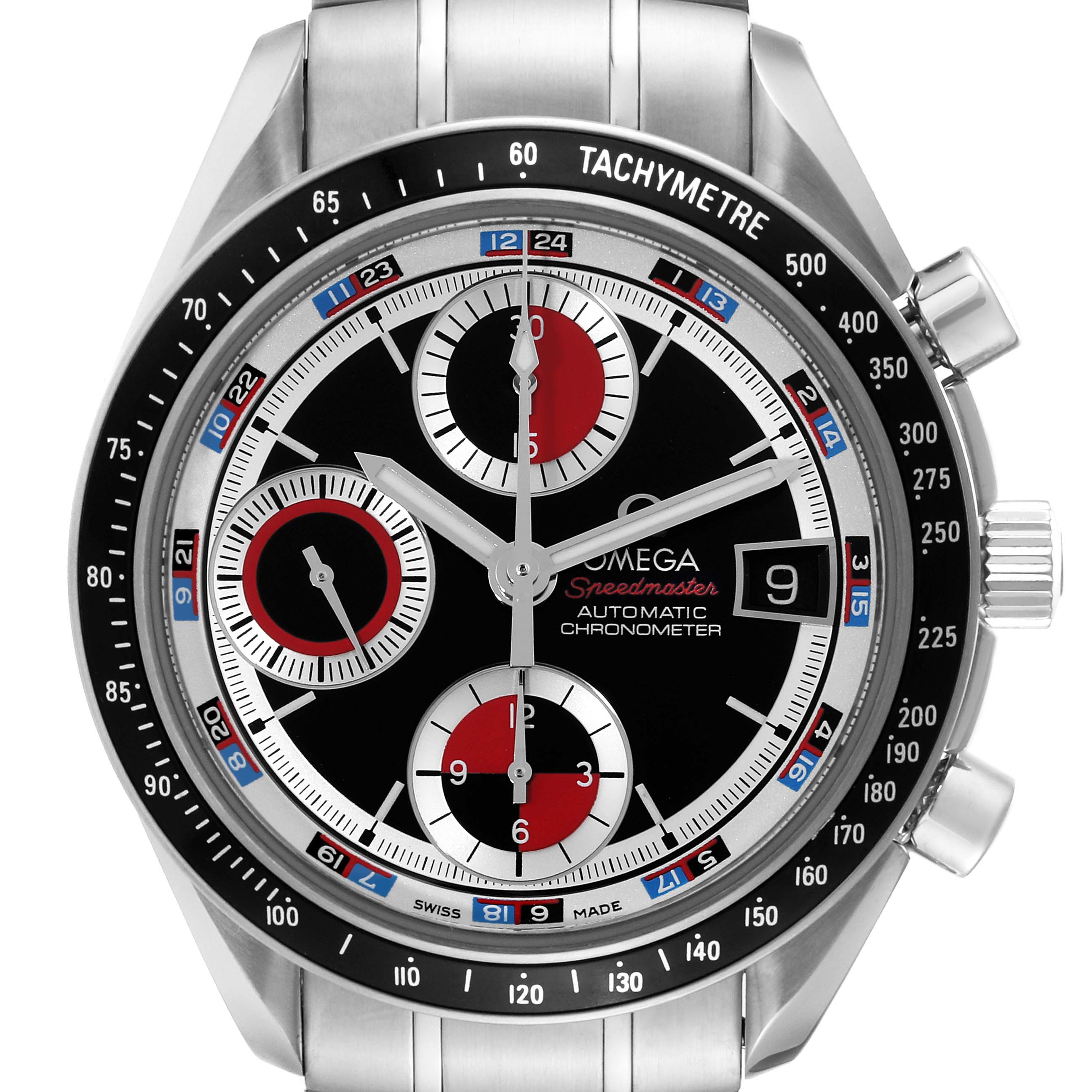 This image displays a frontal view of the Omega Speedmaster 3210.52.00 Men
s Stainless Steel Black Dial 3210.52.00 Men
s Stainless Steel Black Dial watch, clearly showing its dial, chronograph subdials, and tachymeter.