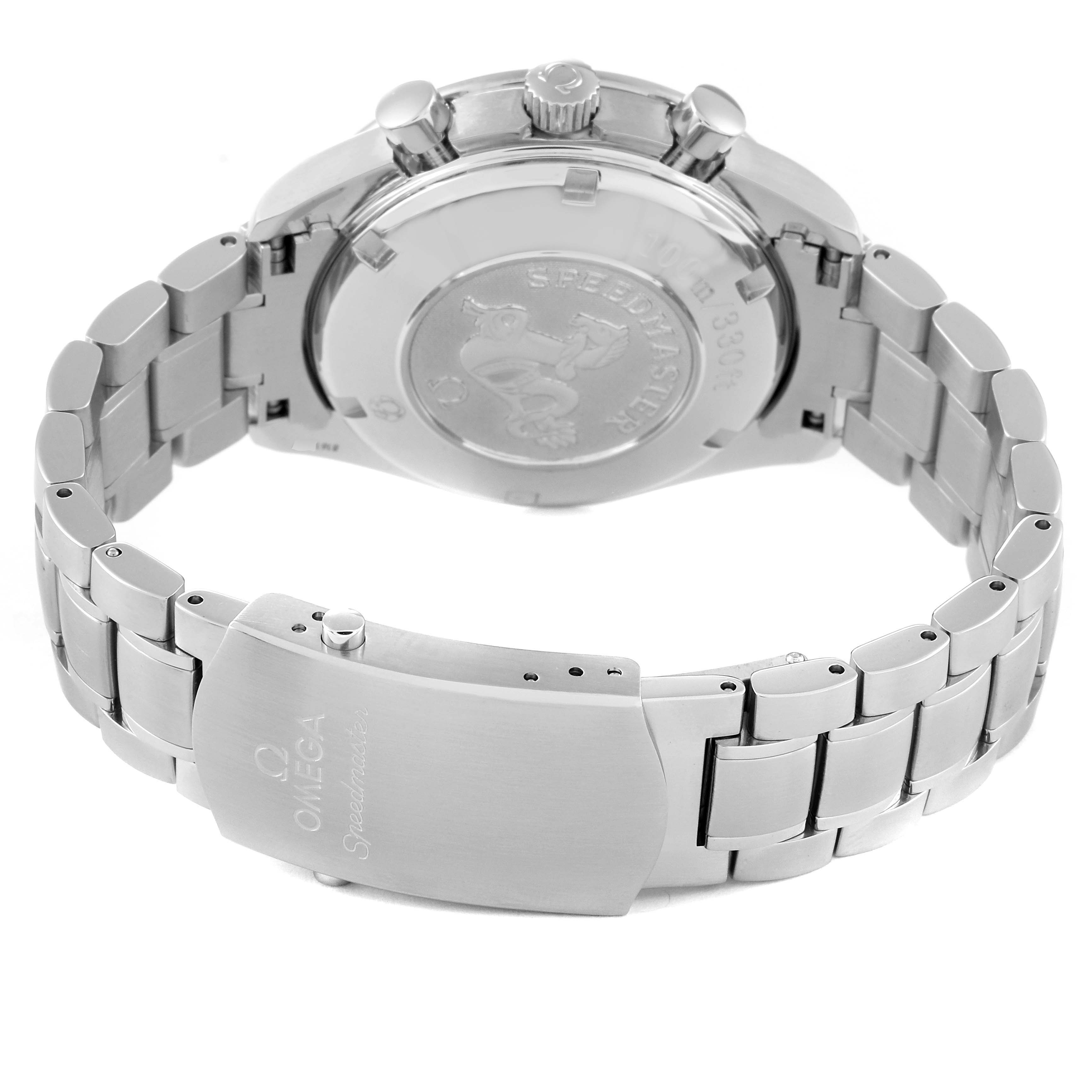 The image shows the backside and bracelet of an Omega Speedmaster 3210.52.00 Men
s Stainless Steel Black Dial 3210.52.00 Men
s Stainless Steel Black Dial watch from a rear angle.