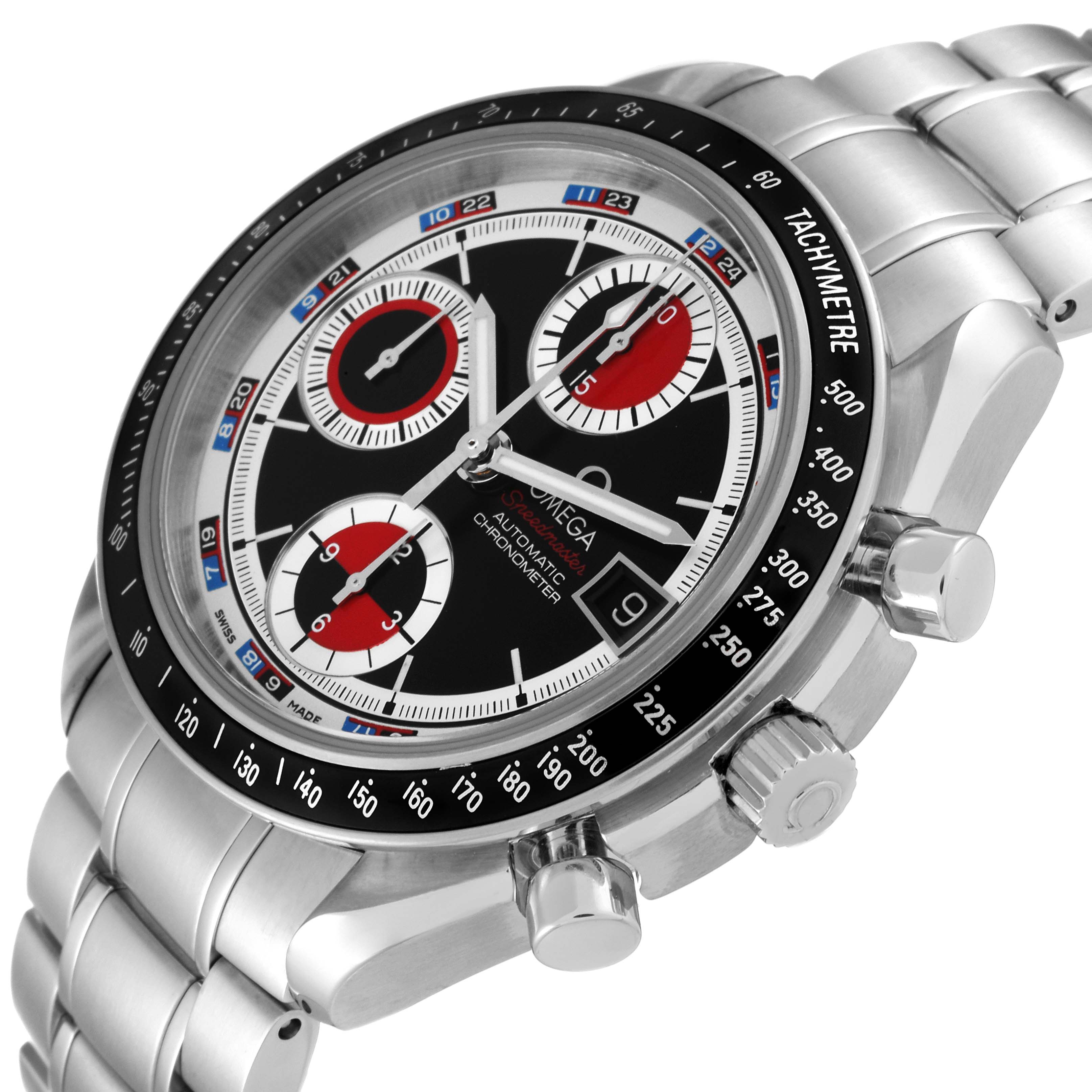 The Omega Speedmaster 3210.52.00 Men
s Stainless Steel Black Dial 3210.52.00 Men
s Stainless Steel Black Dial watch is shown at a slight angle, displaying the dial, bezel, and part of the bracelet.