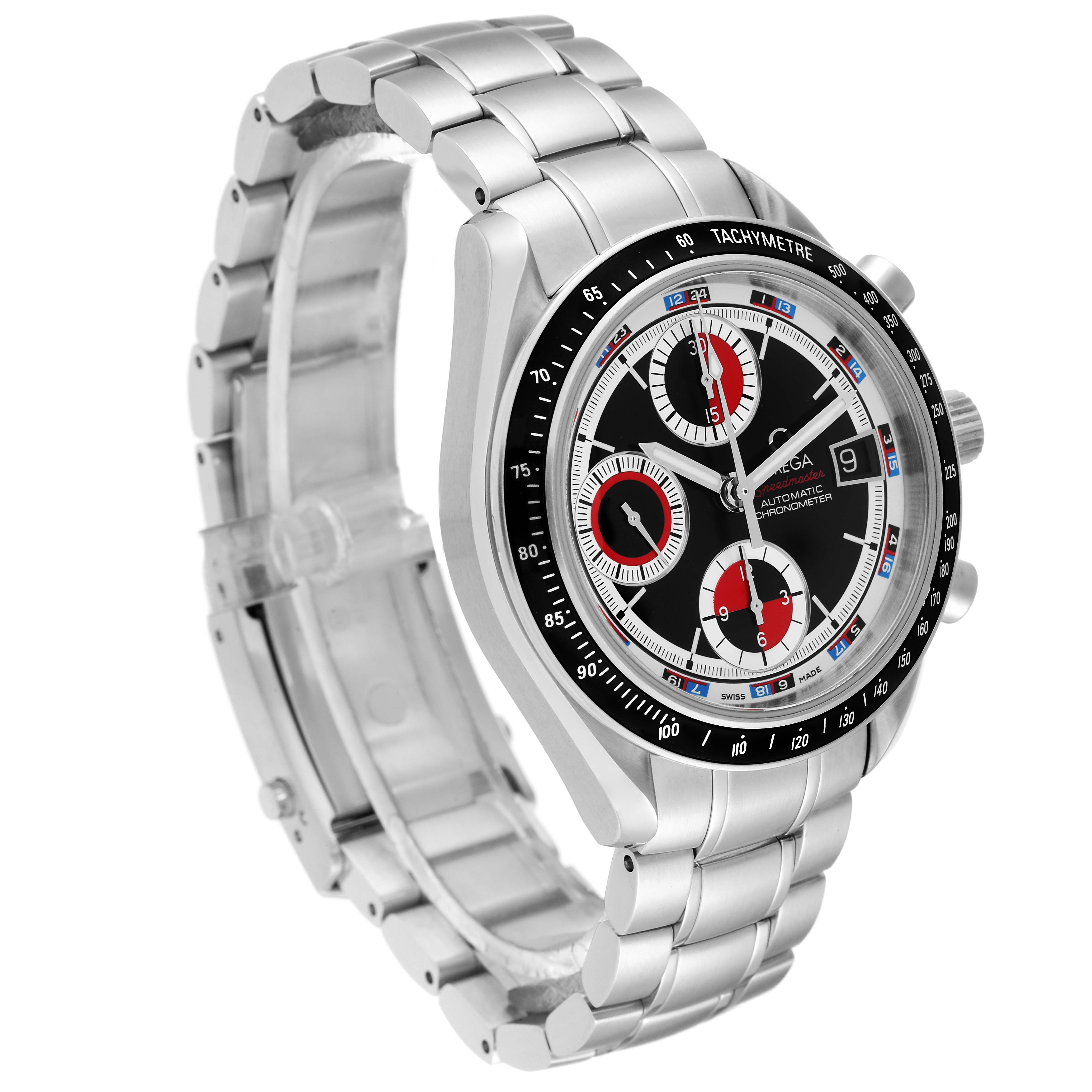 This image shows an angled view of the Omega Speedmaster 3210.52.00 Men
s Stainless Steel Black Dial 3210.52.00 Men
s Stainless Steel Black Dial watch, highlighting the face, bezel, and stainless steel bracelet.